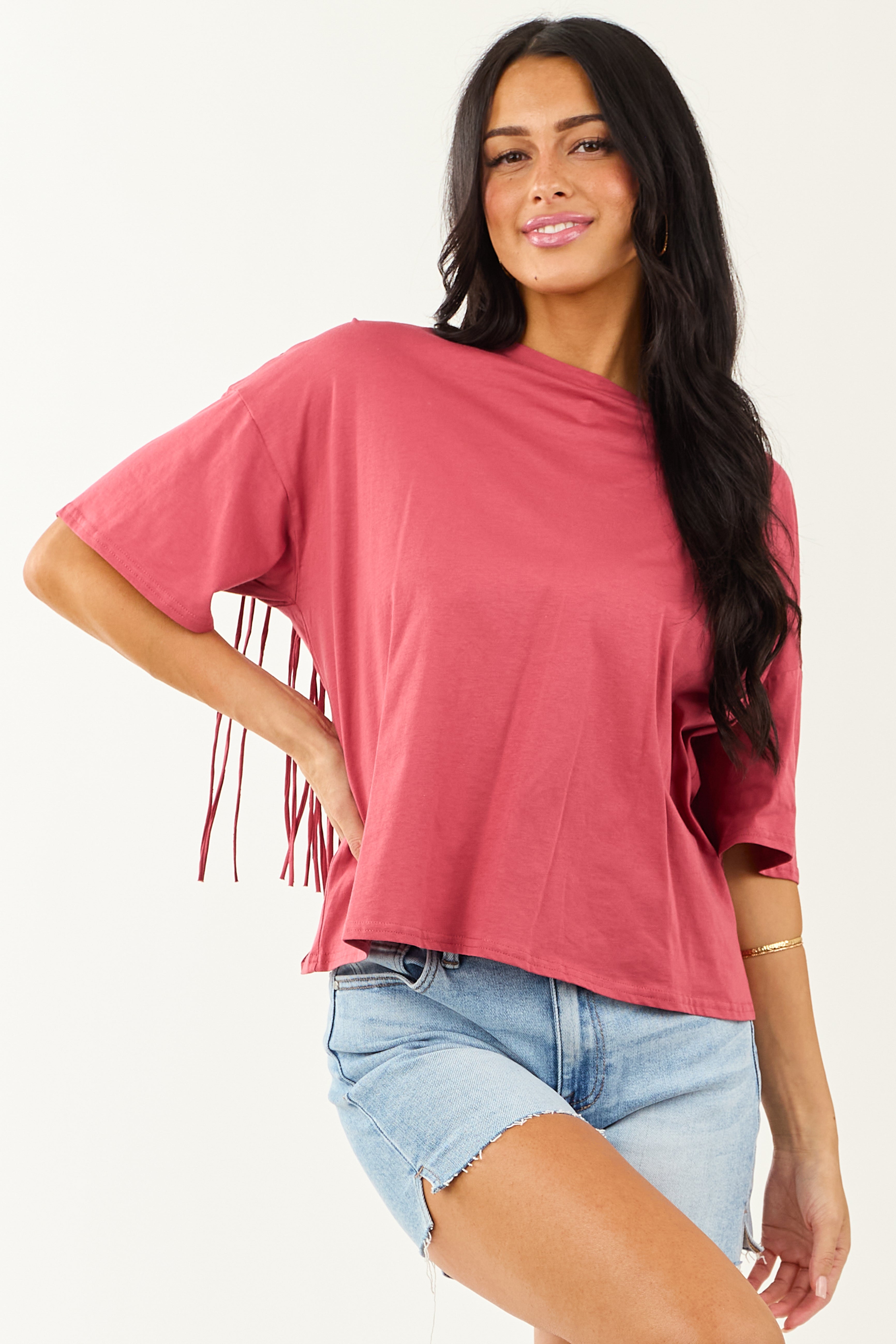 Marsala Half Sleeve Cotton Back Fringe Top