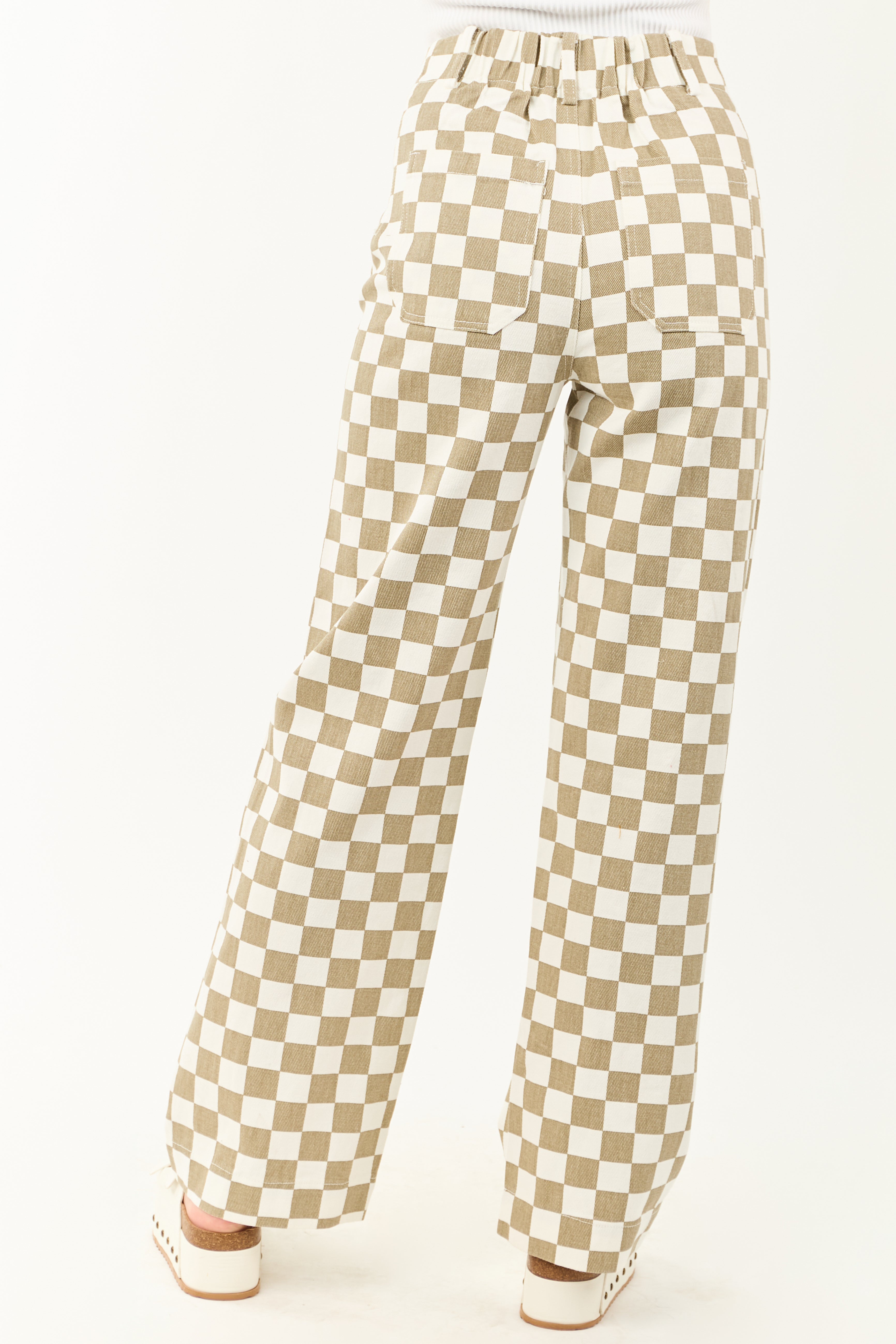 Olive and Ivory Checkered Denim Wide Leg Pants