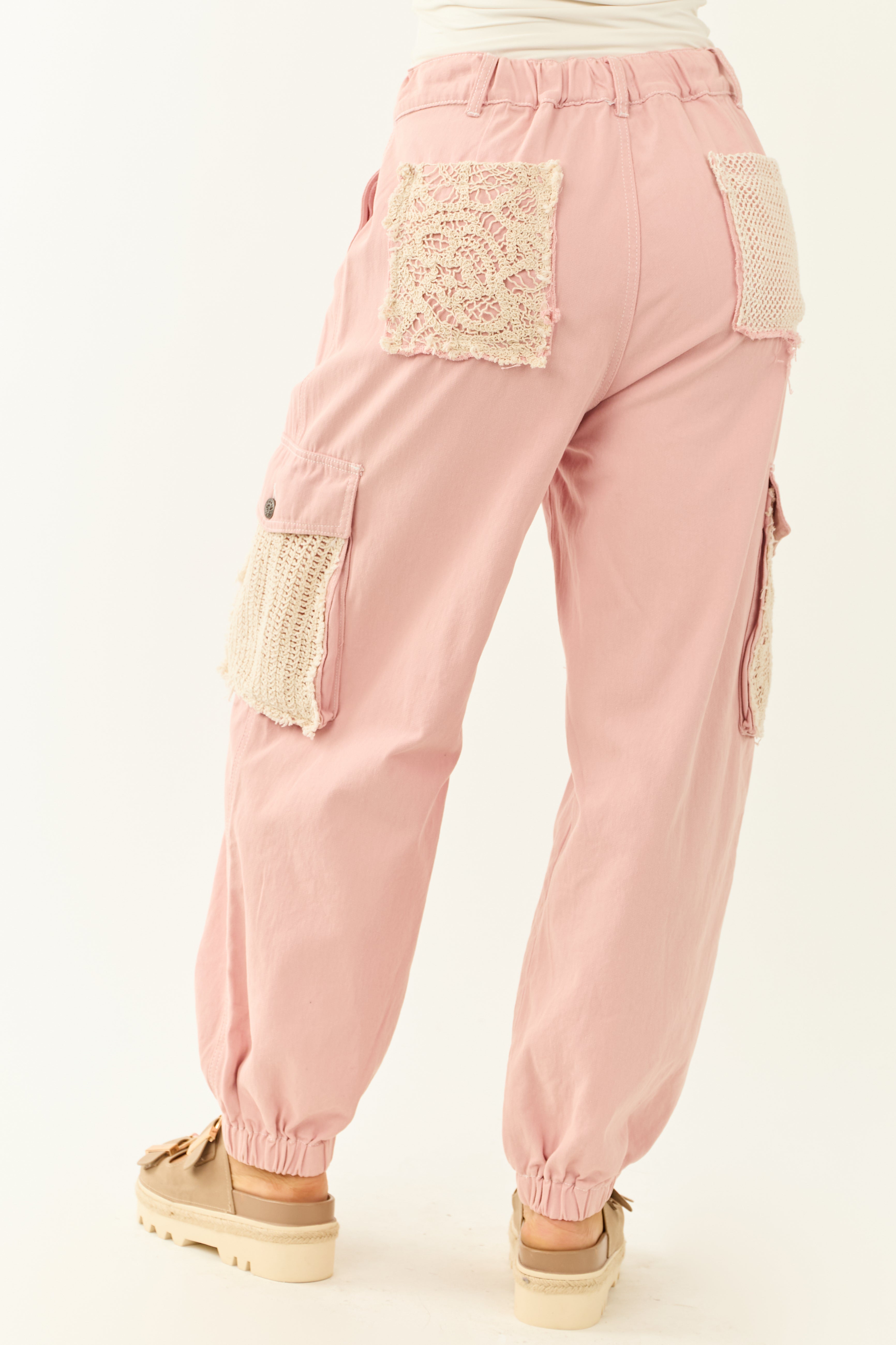 POL Dusty Blush Denim Crochet Detail Joggers