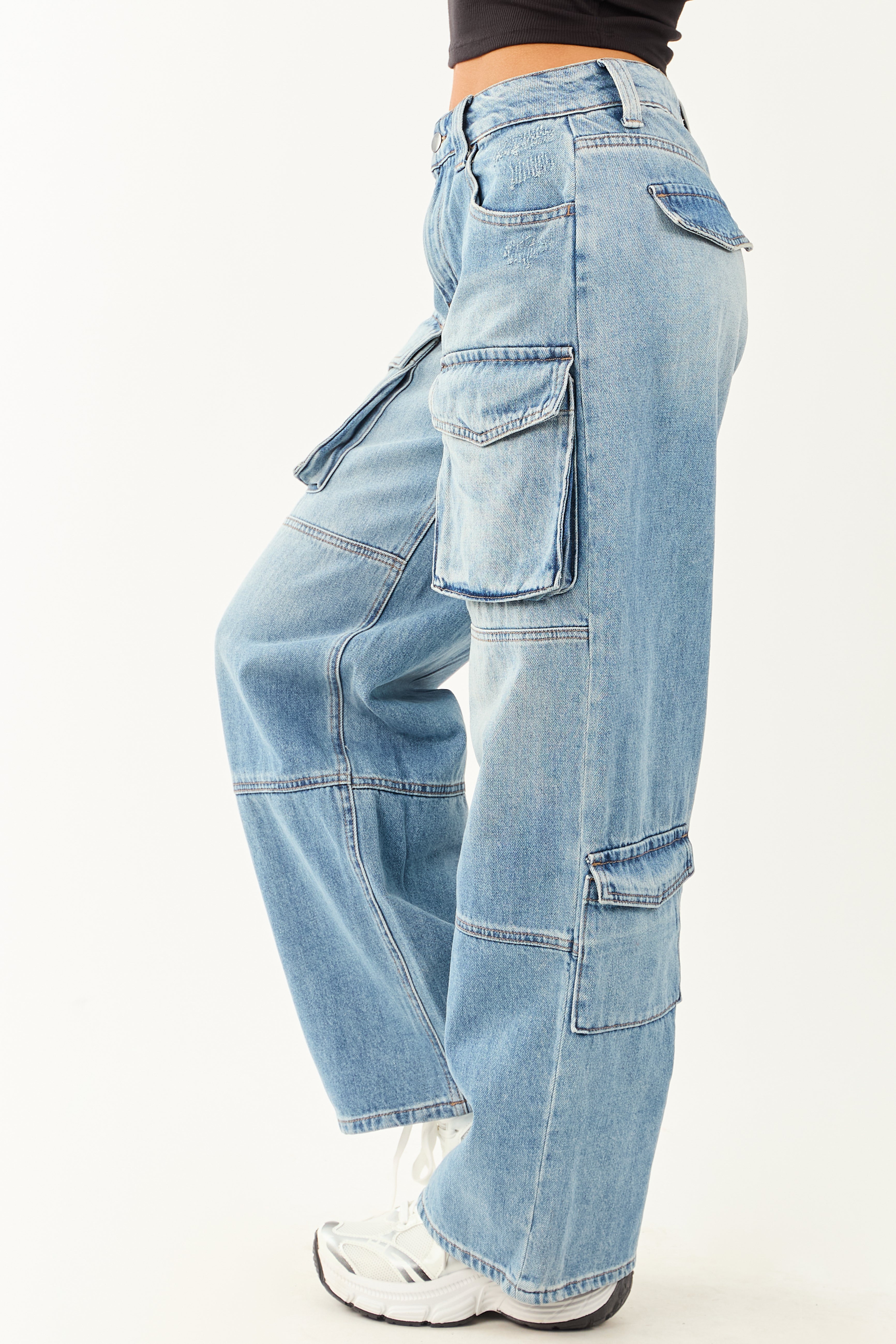 Cello Medium Wash High Rise Distressed Cargo Jeans