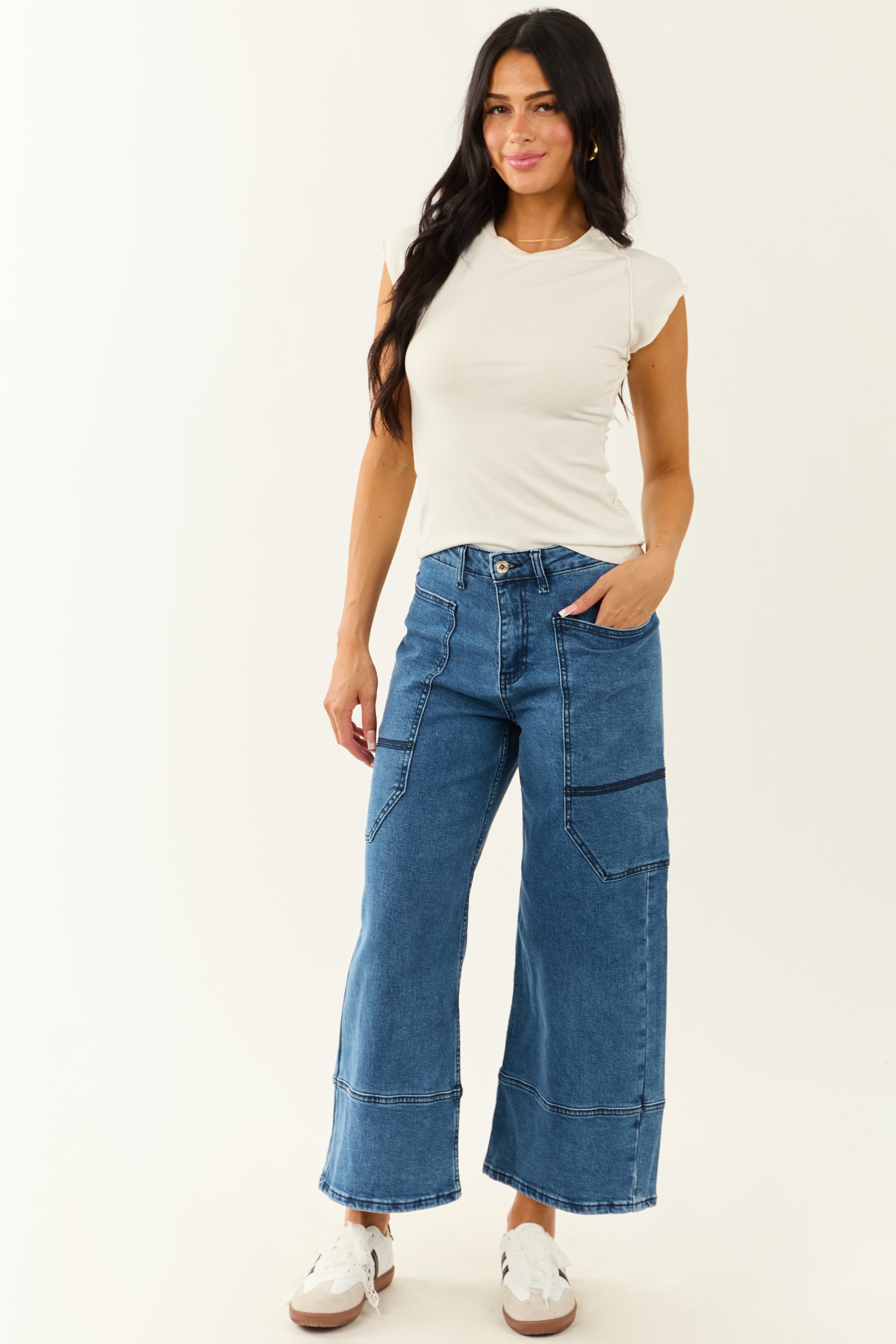Saige Dark Wash Wide Leg Stretchy Wrap Pocket Jeans