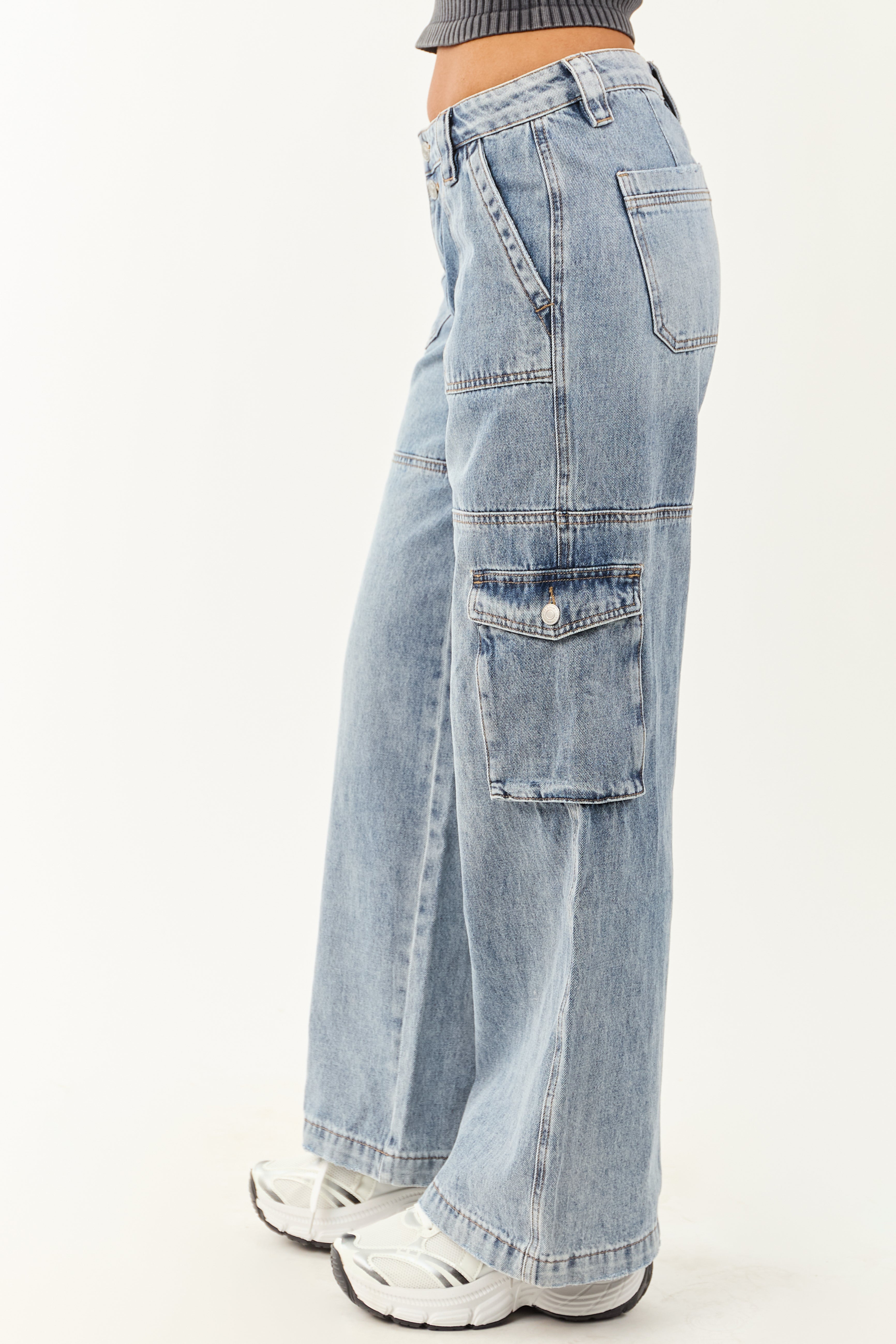 Mica Denim Medium Wash Cargo Wide Leg Jeans