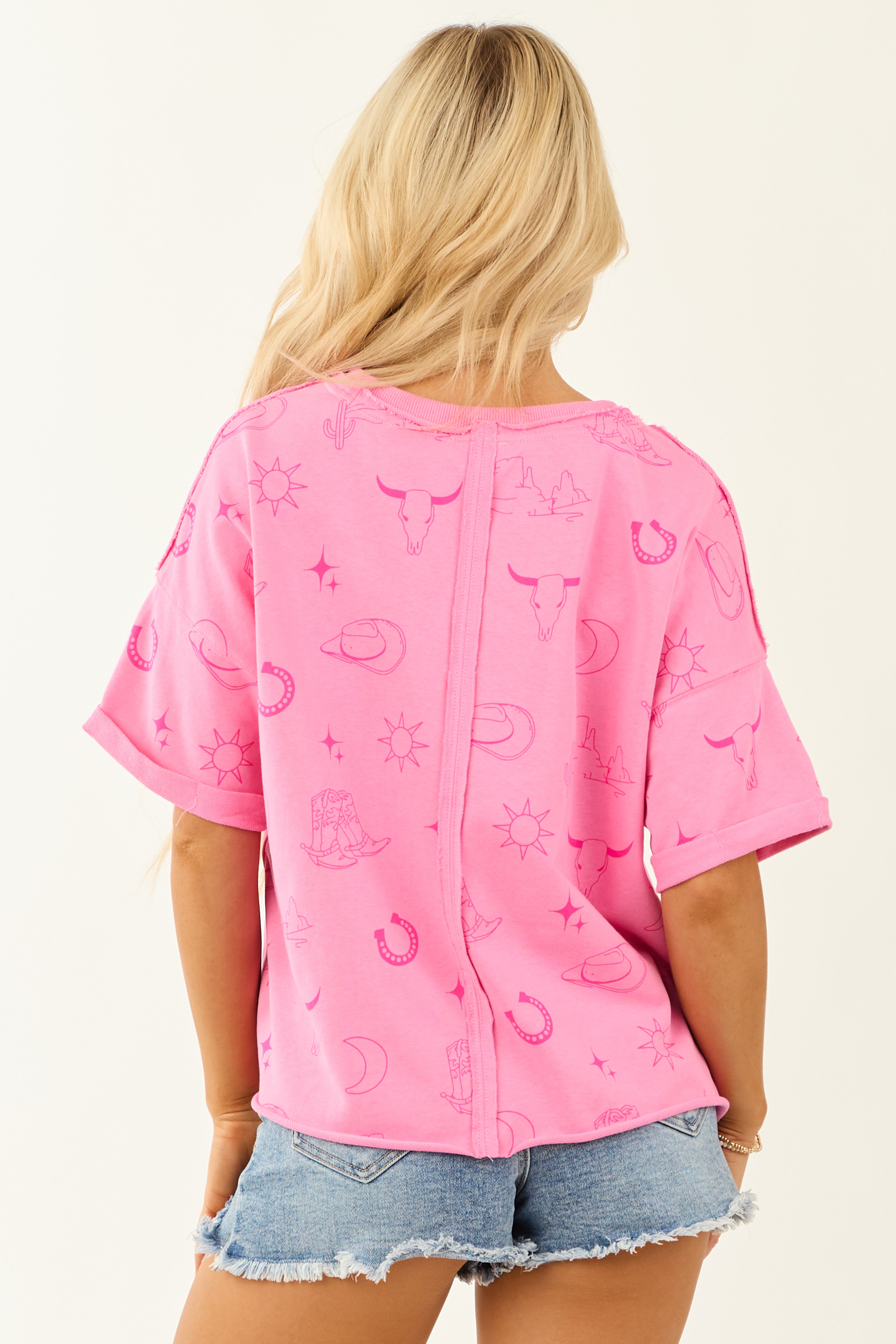 Fuchsia Western Print Short Sleeve Terry Top