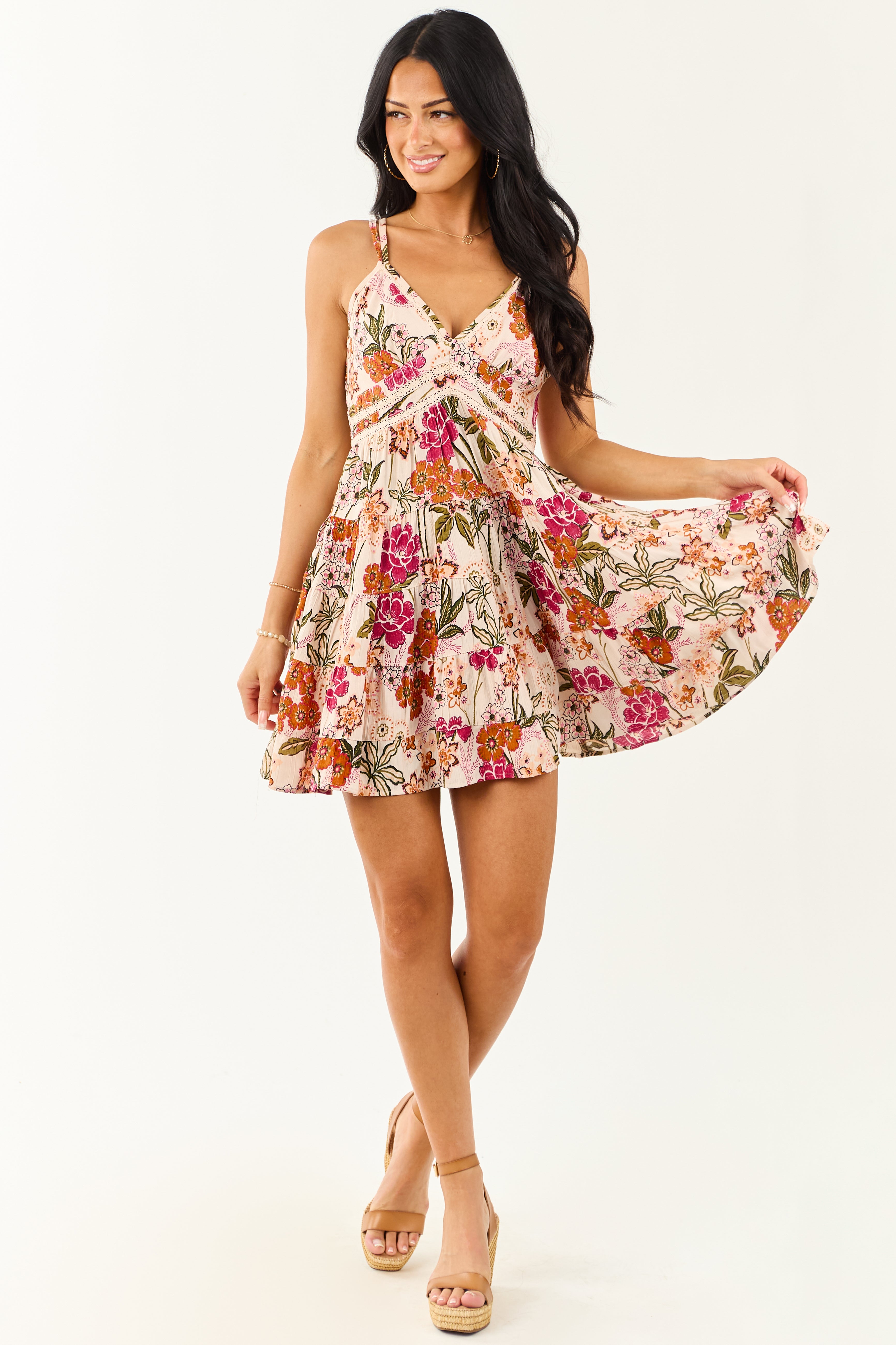Blush Floral Print Lace Trim Smocked Mini Dress