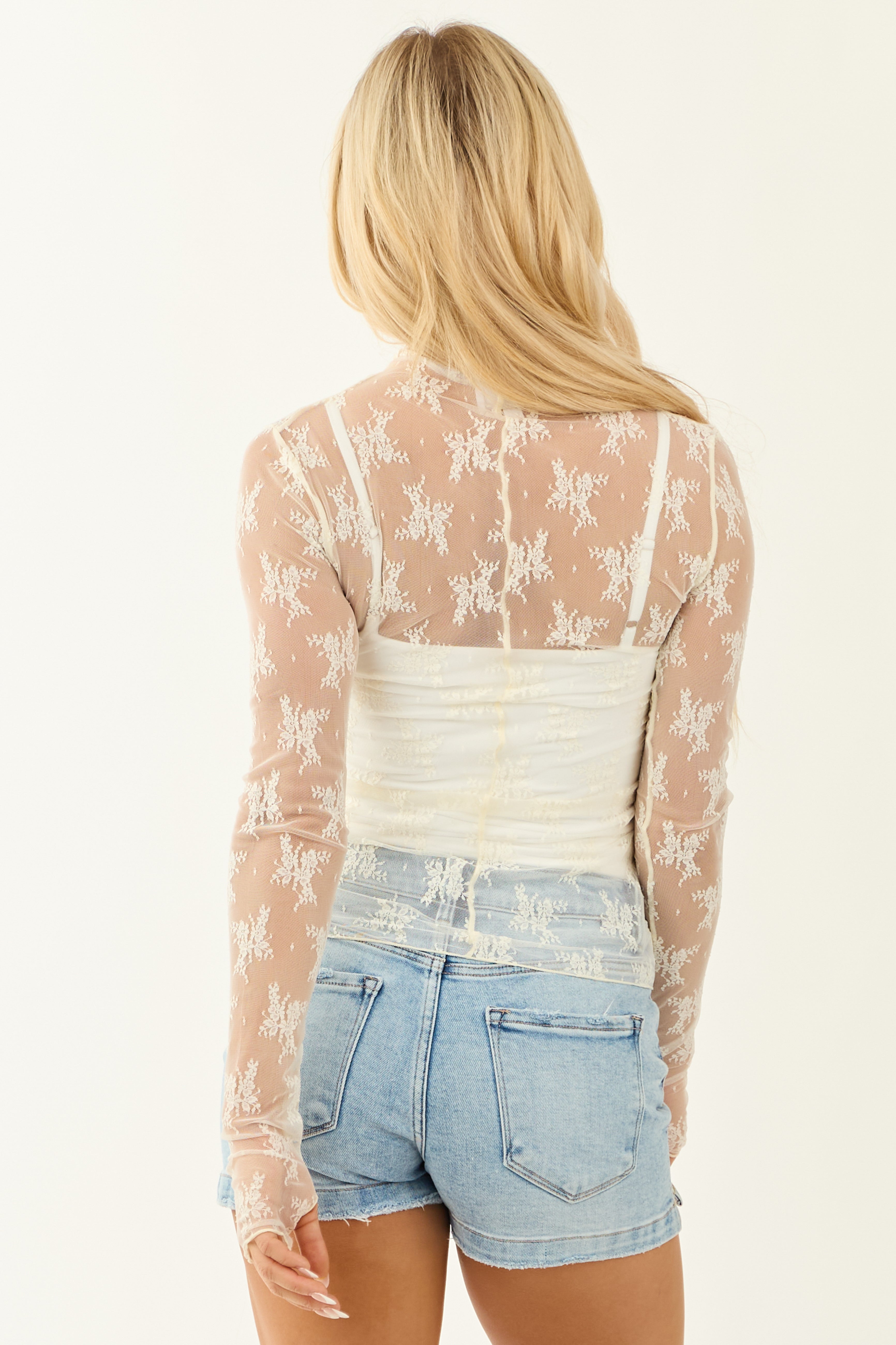 Cream Mesh Lace Mock Neck Long Sleeve Top