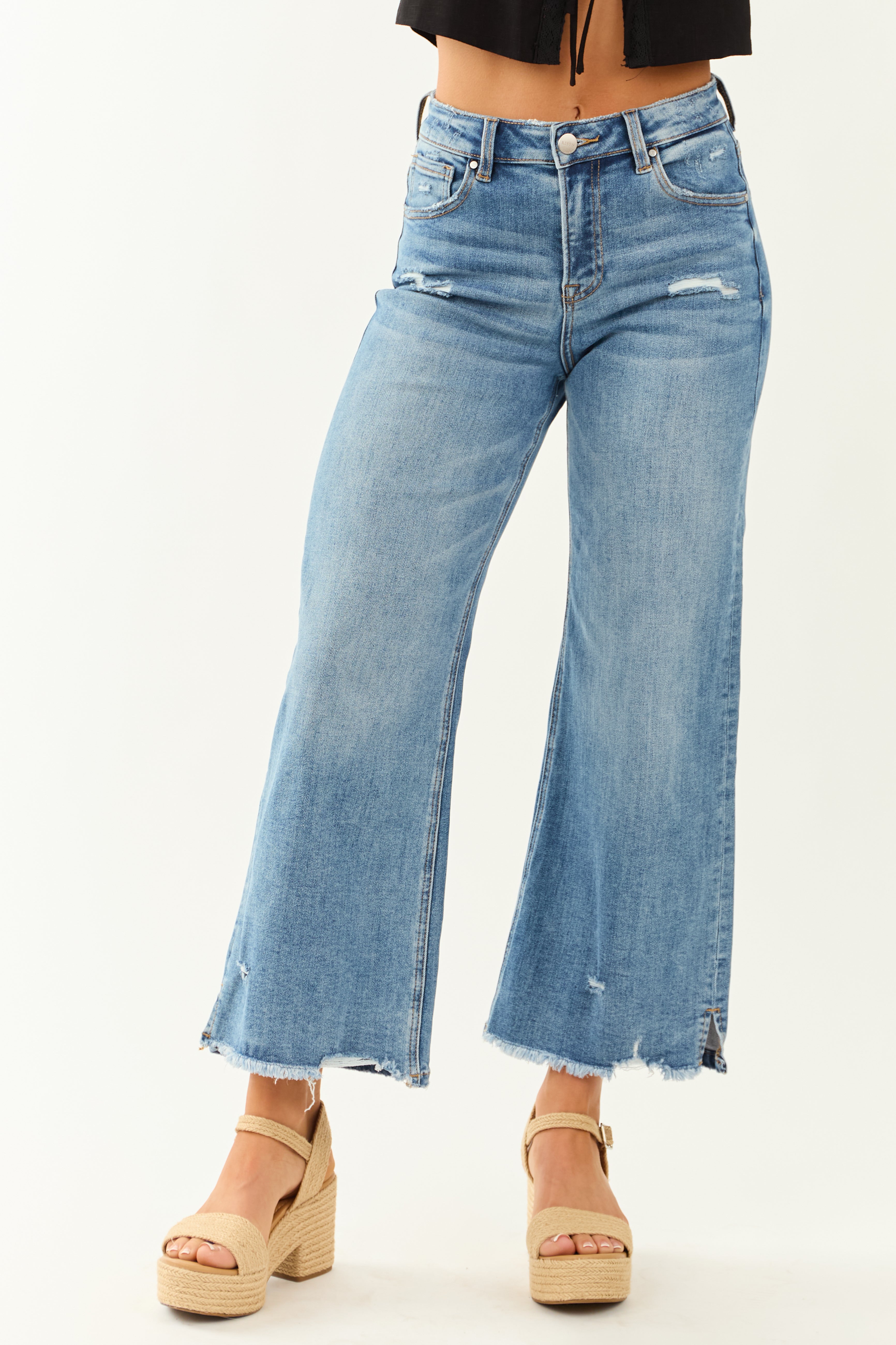Risen Cropped Frayed Slit Hem Stretchy Wide Jeans