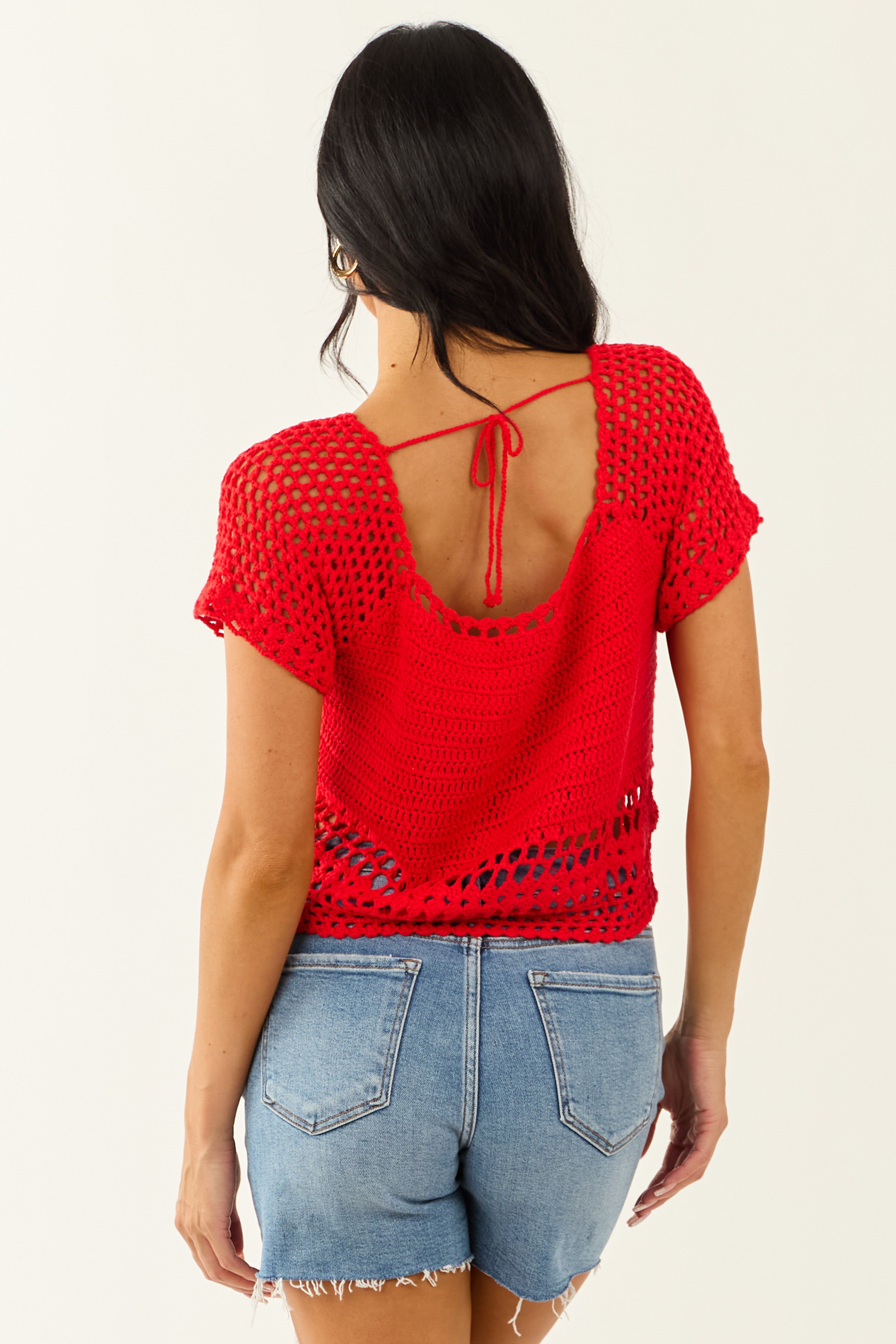Lipstick Crochet Knit Short Sleeve Crop Top