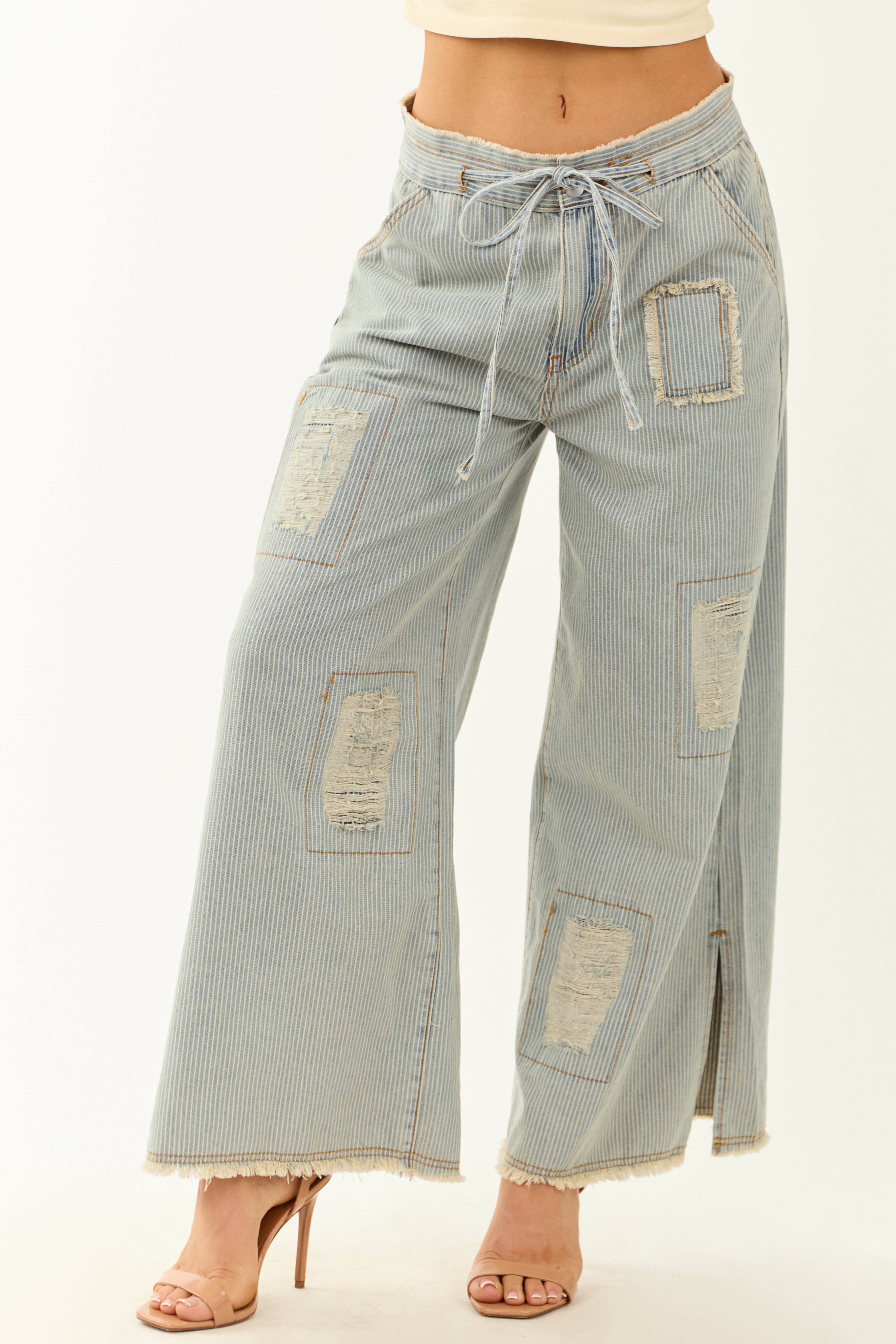 POL Powder Blue Railroad Stripe Wide Patchwork Pants