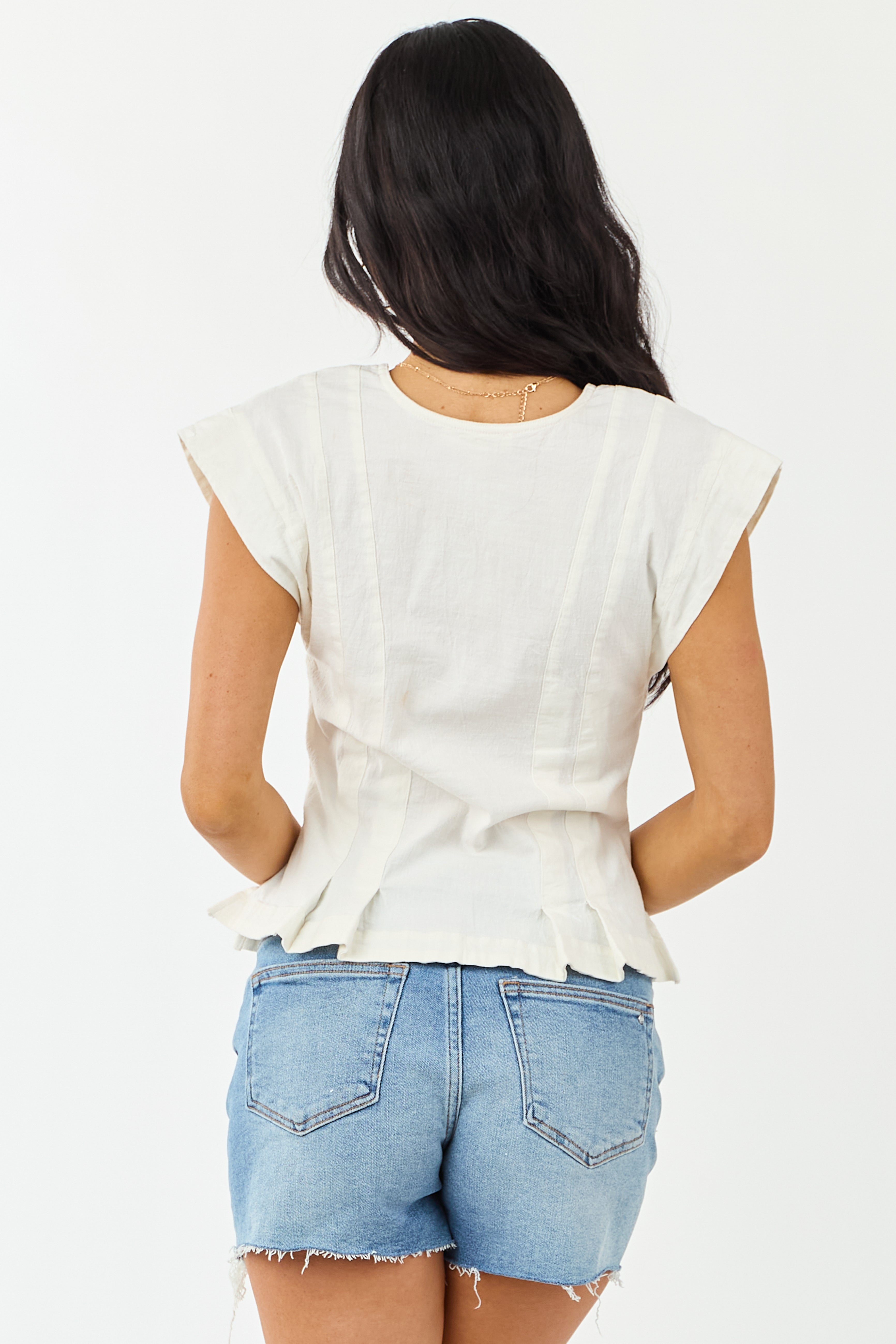 Vanilla Pleated Hem Button Up Cap Sleeve Top