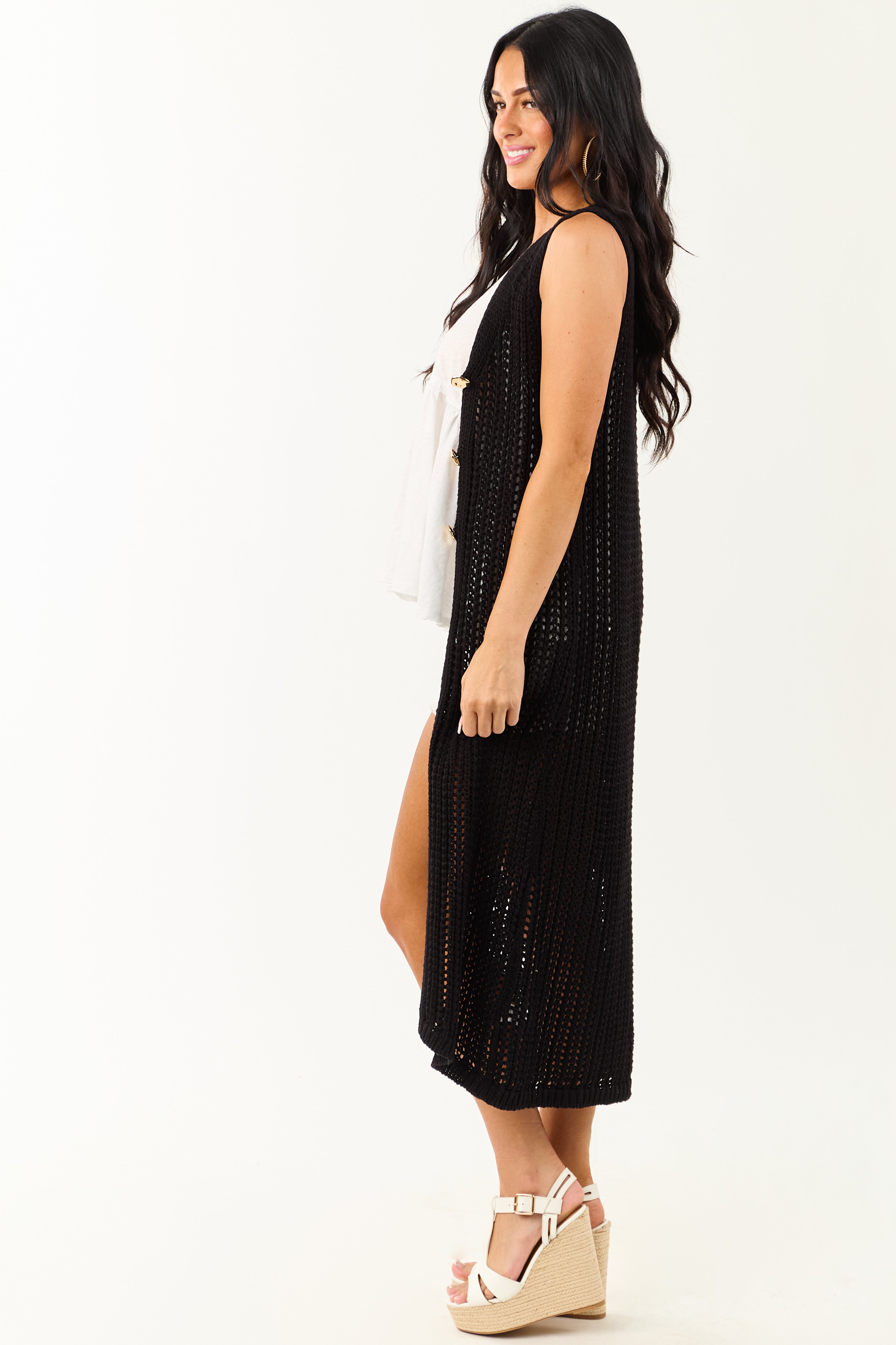 Black Open Knit Gold Buttoned Cotton Duster Vest