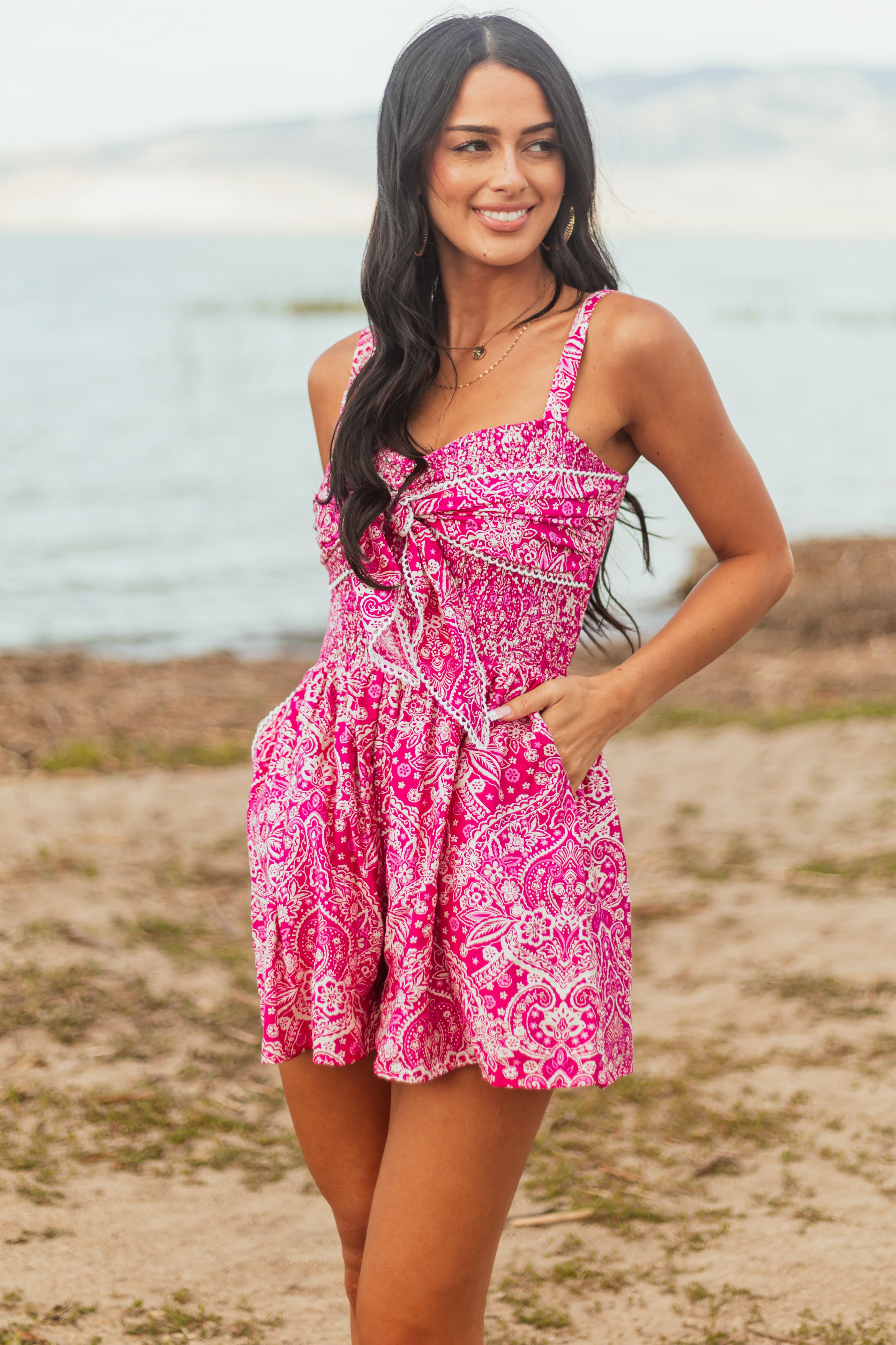 Mulberry Paisley Print Bust Tie Sleeveless Romper