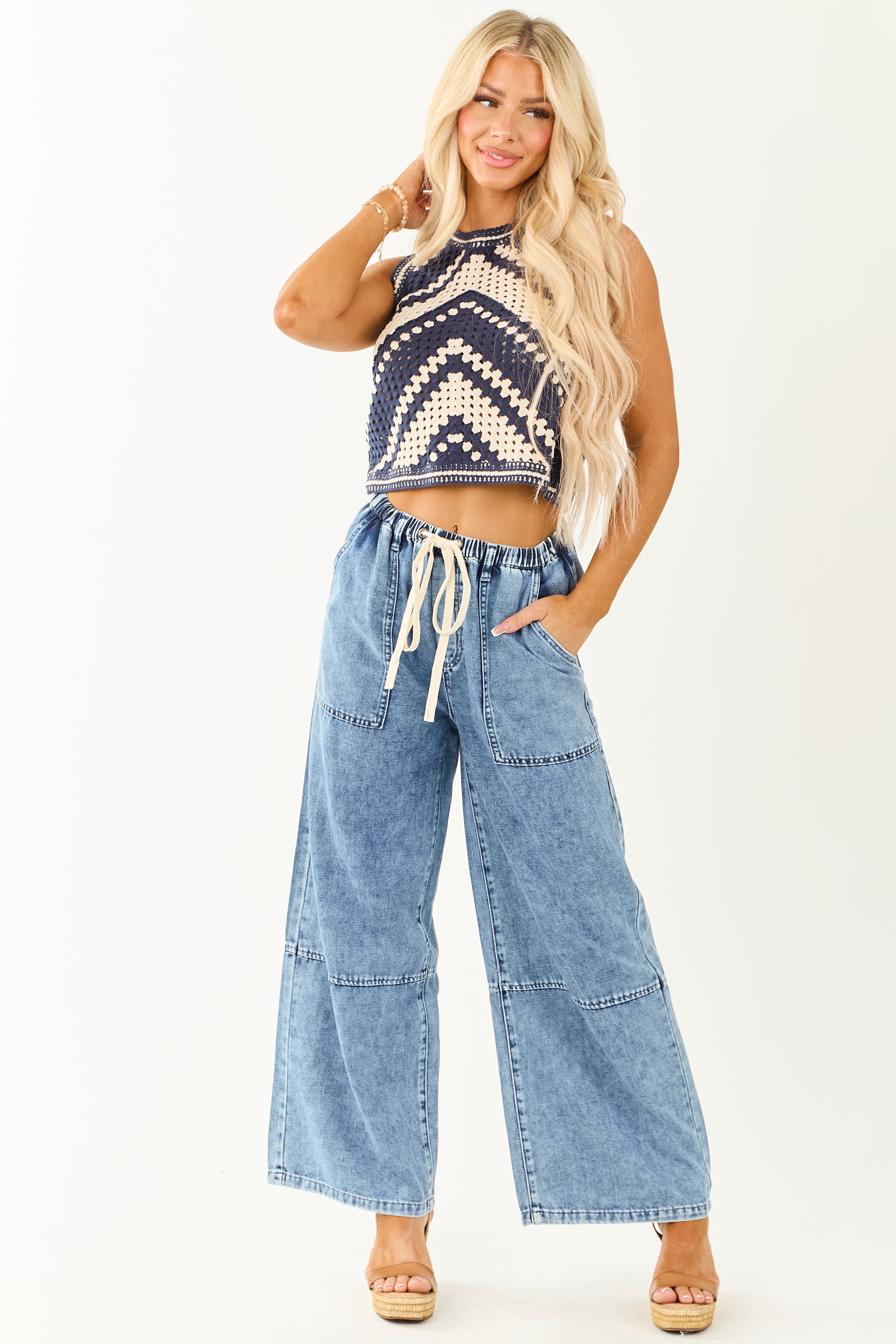 Navy and Cream Chevron Crochet Crop Tank Top