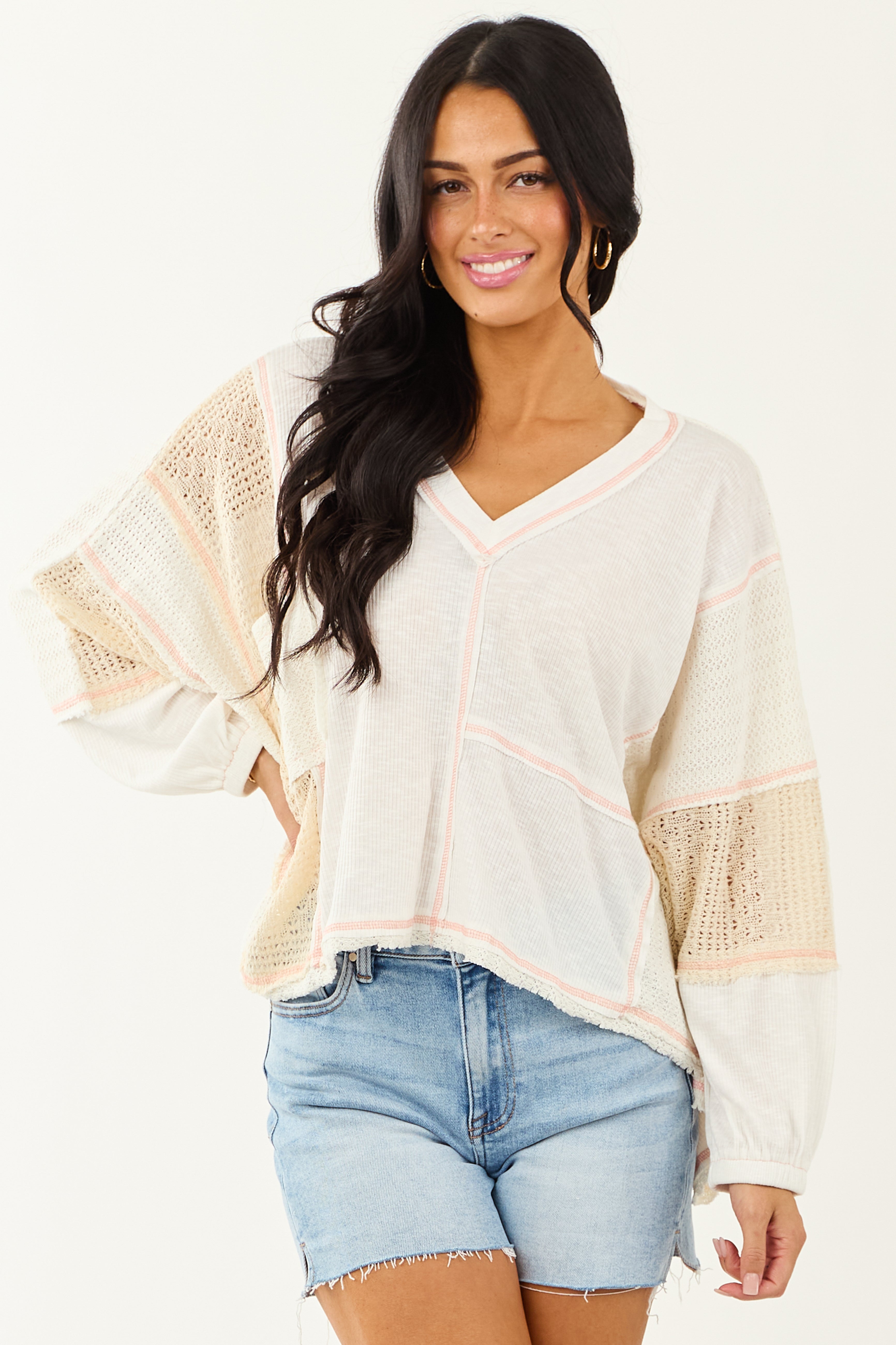 POL Off White and Cream Contrast Knit Relaxed Top
