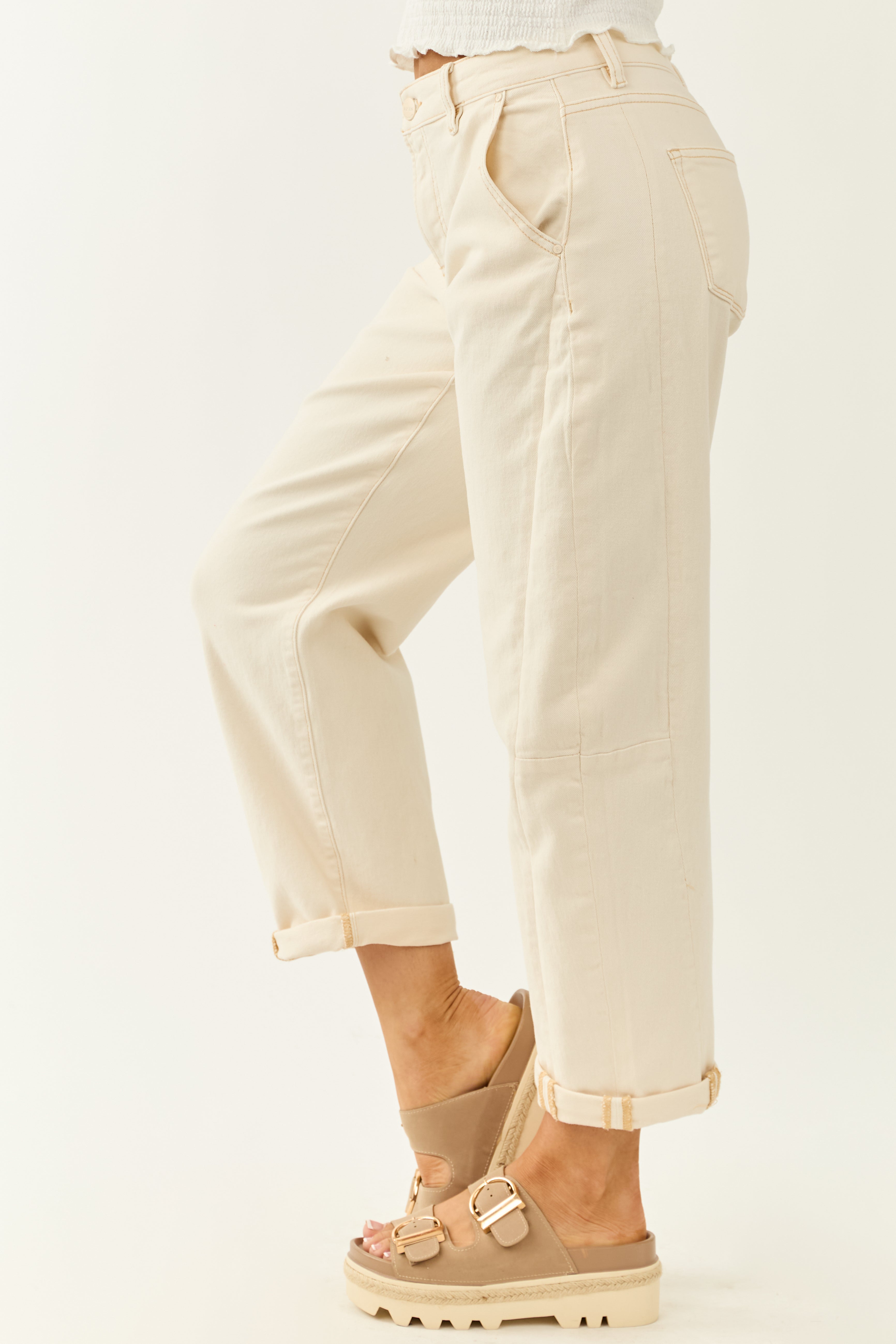 Risen Ivory High Rise Cuffed Stretchy Barrel Jeans