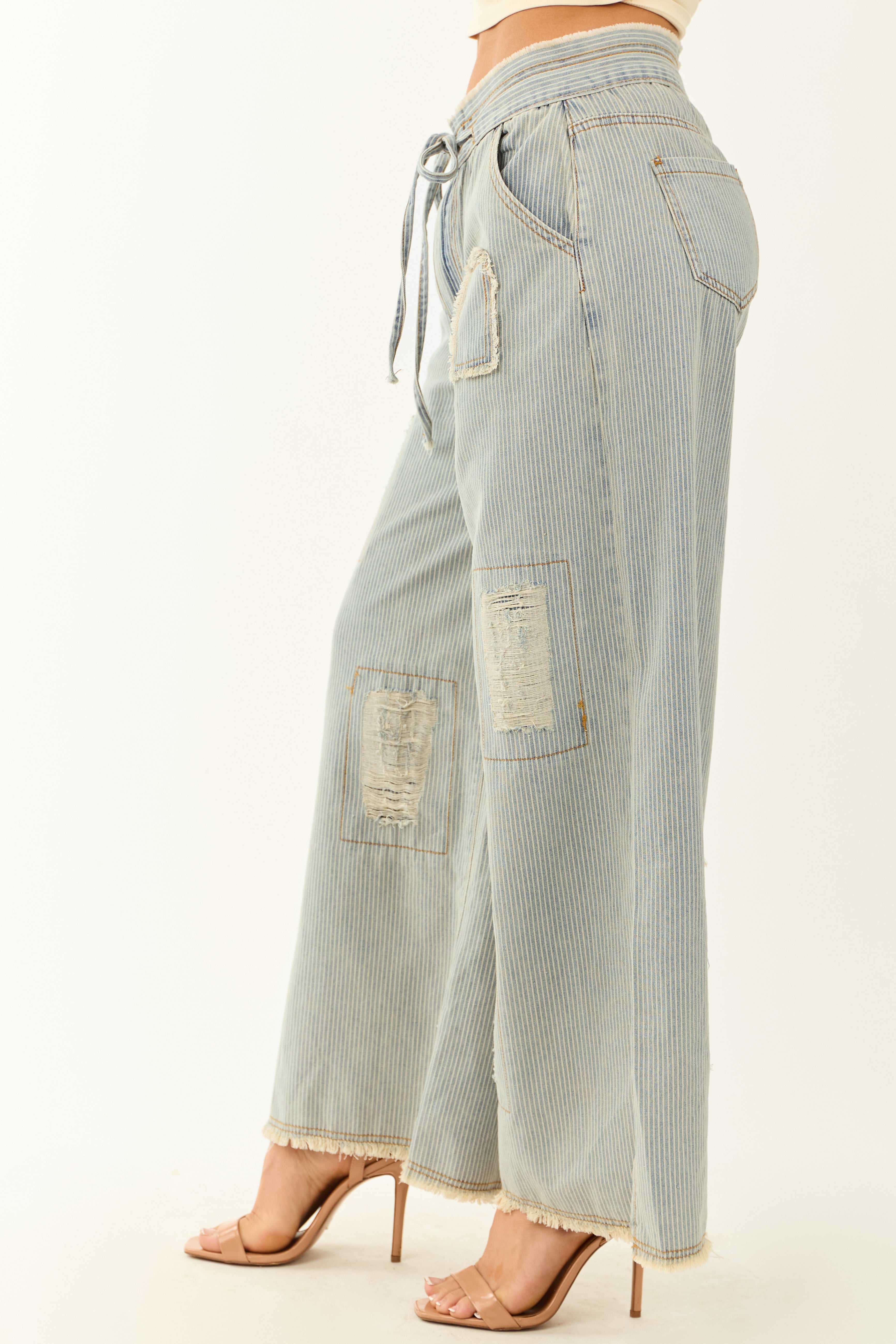 POL Powder Blue Railroad Stripe Wide Patchwork Pants