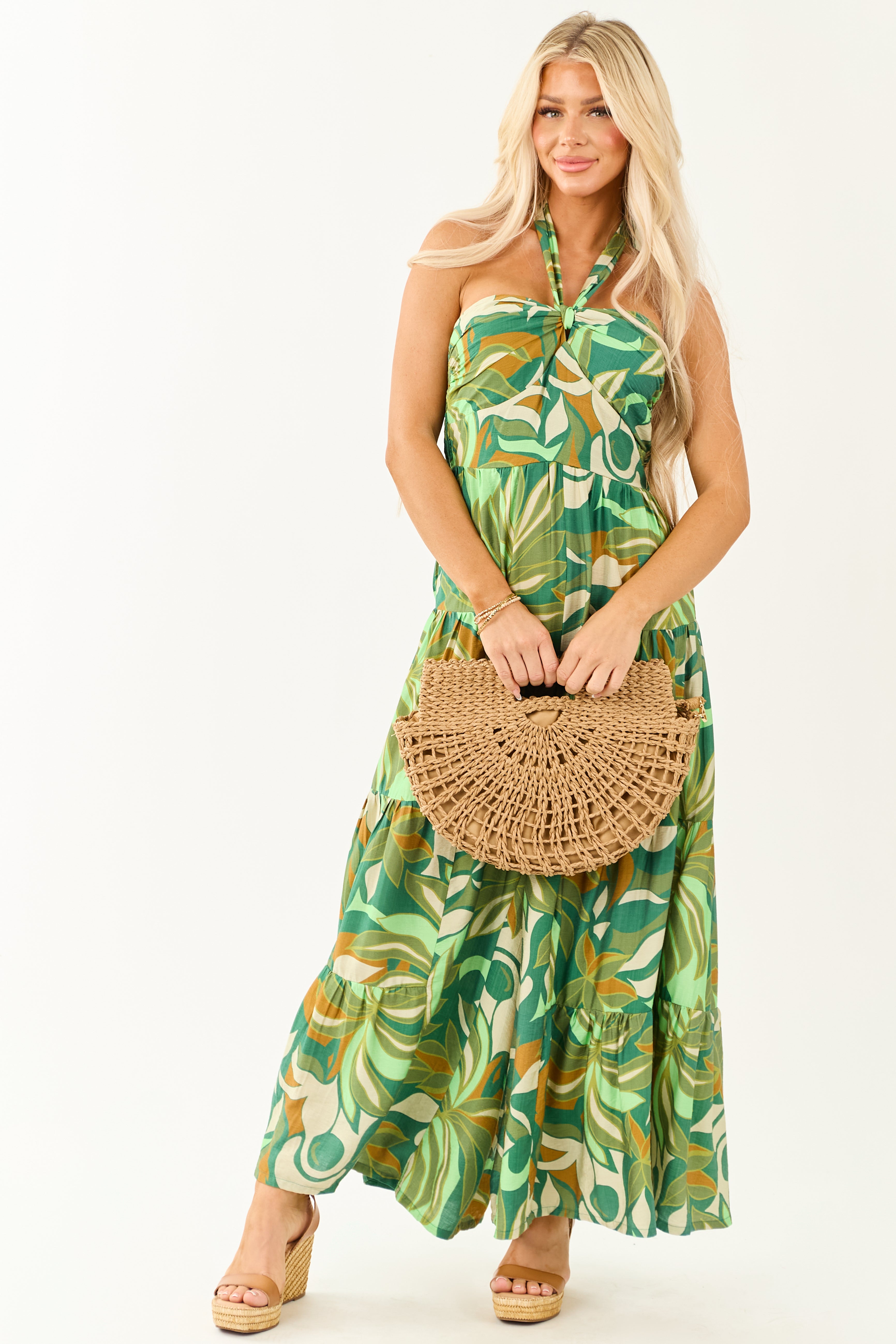 Kiwi Tropical Print Halter Front Tie Jumpsuit