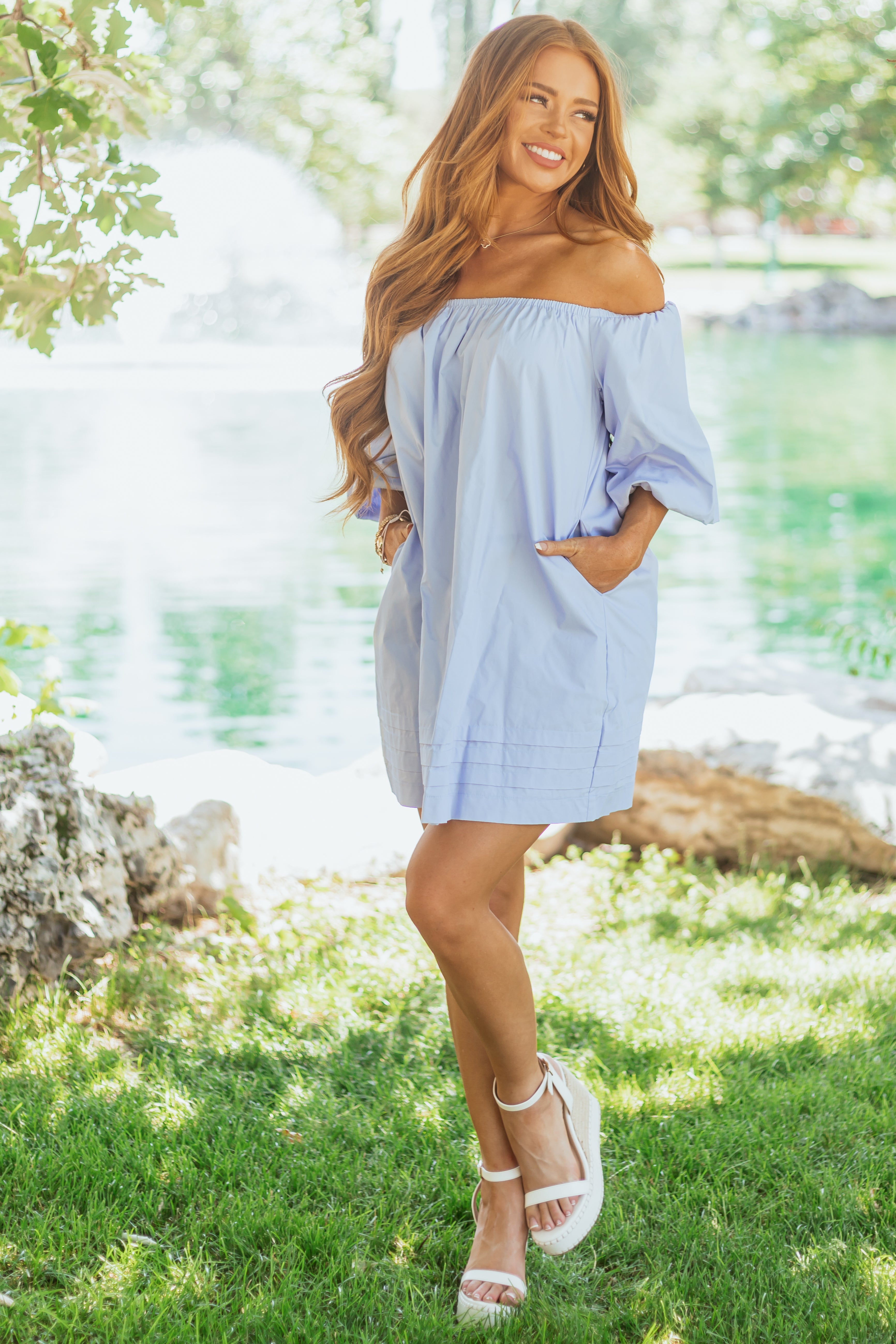 Cornflower Off the Shoulder Cotton Mini Dress