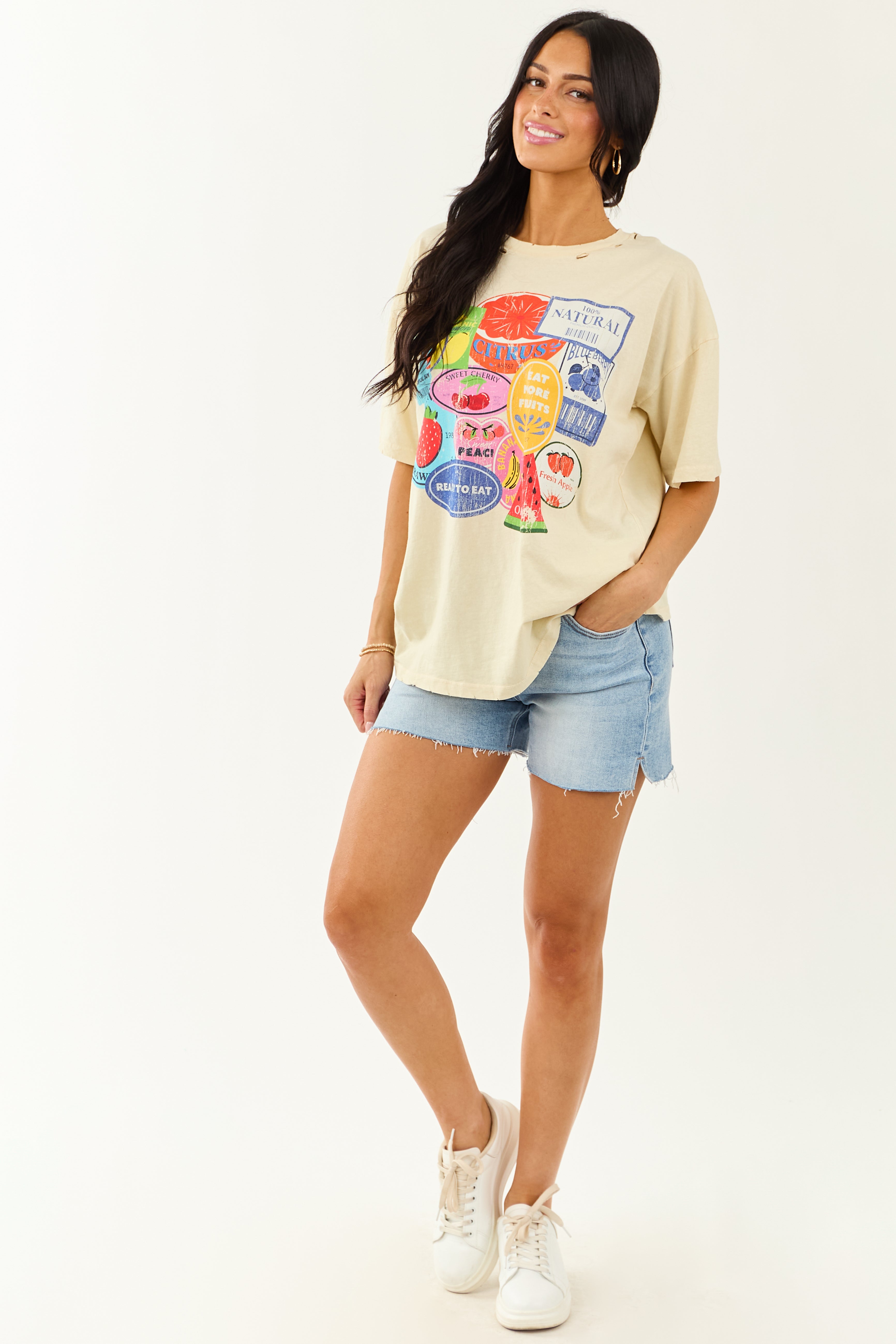 Almond Fruit Sticker Graphic Distressed Cotton Tee