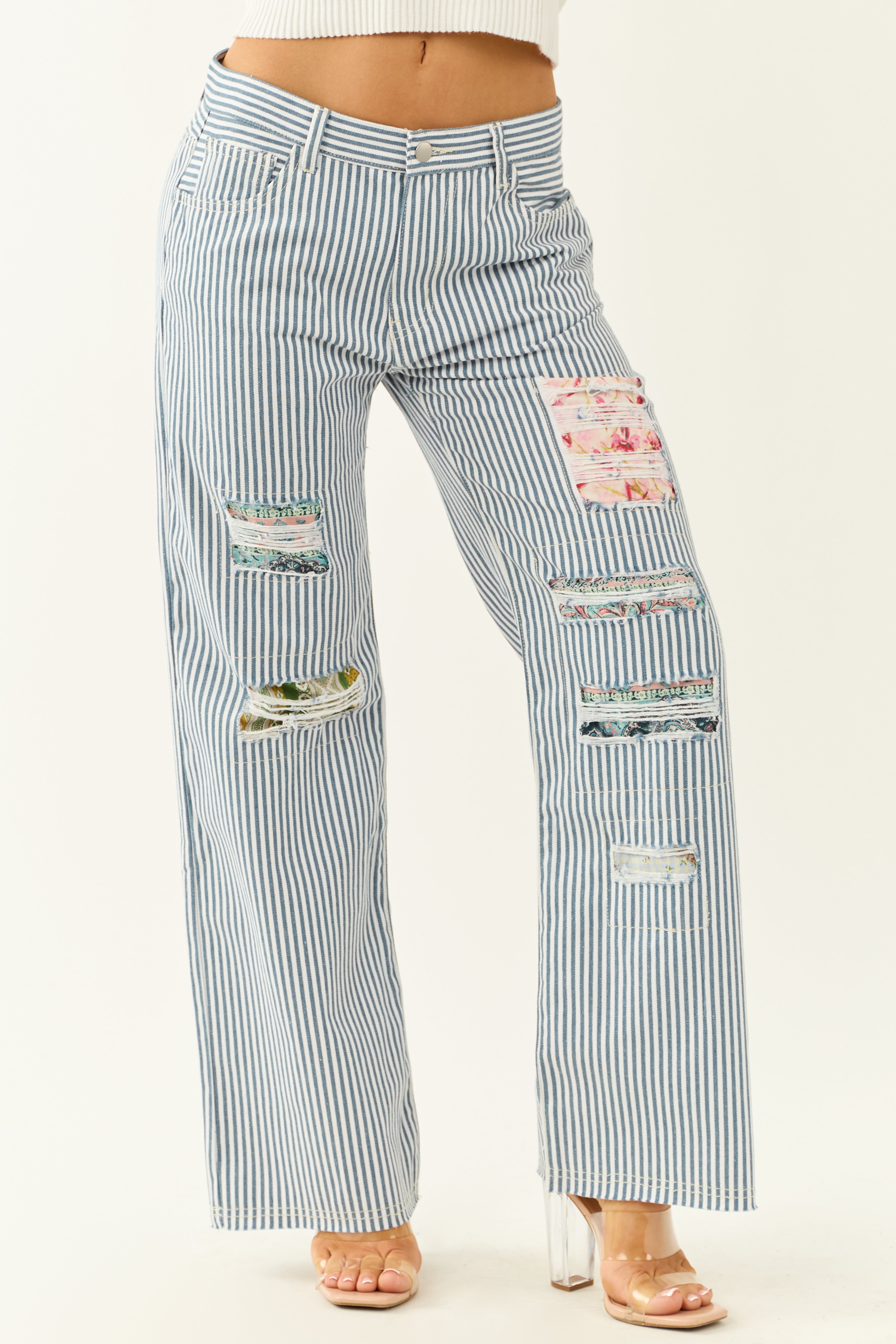 POL Ocean Railroad Stripe Patchwork Straight Leg Pants