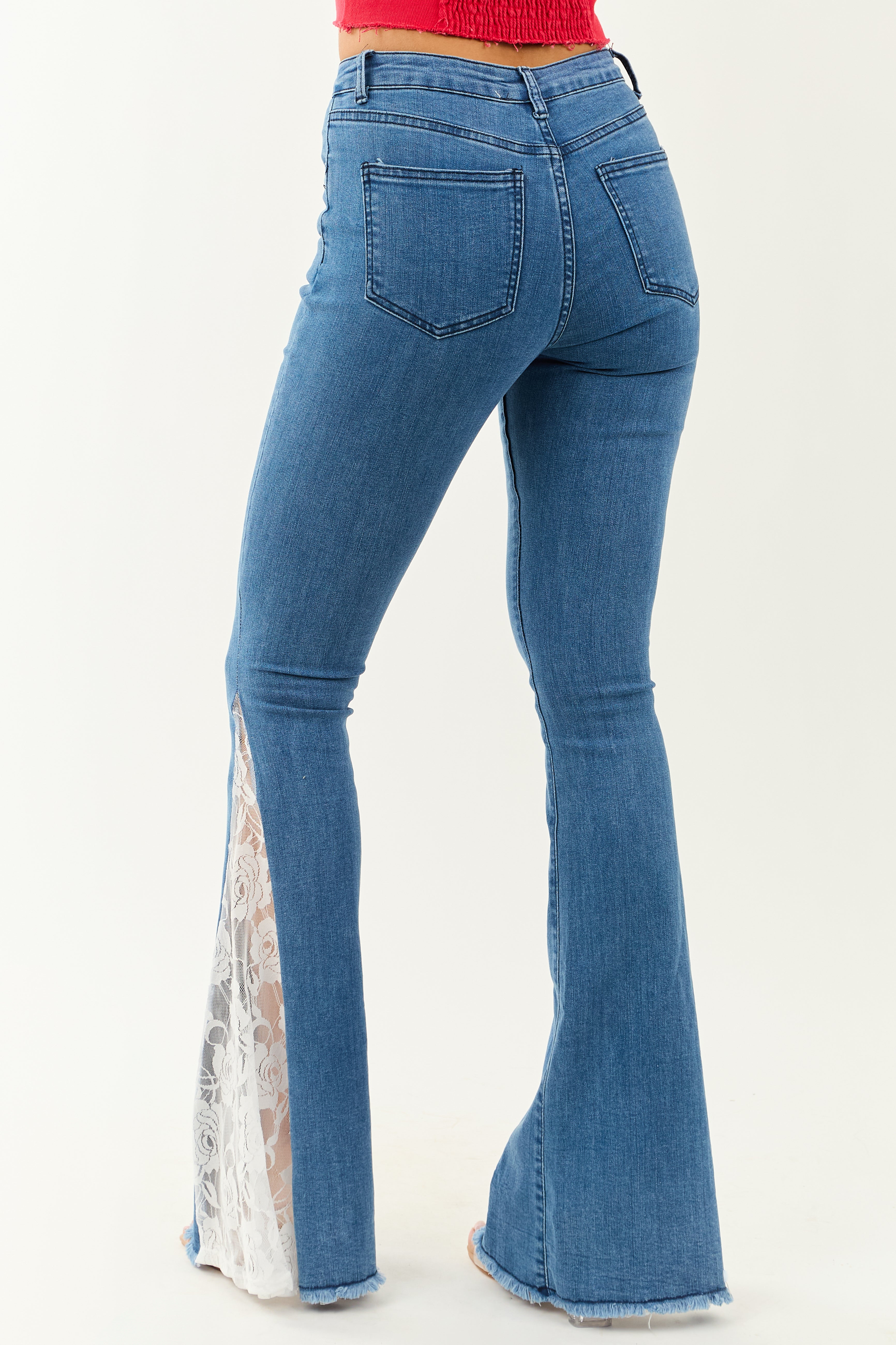 Medium Wash Lace Contrast Stretchy Flare Leg Jeans