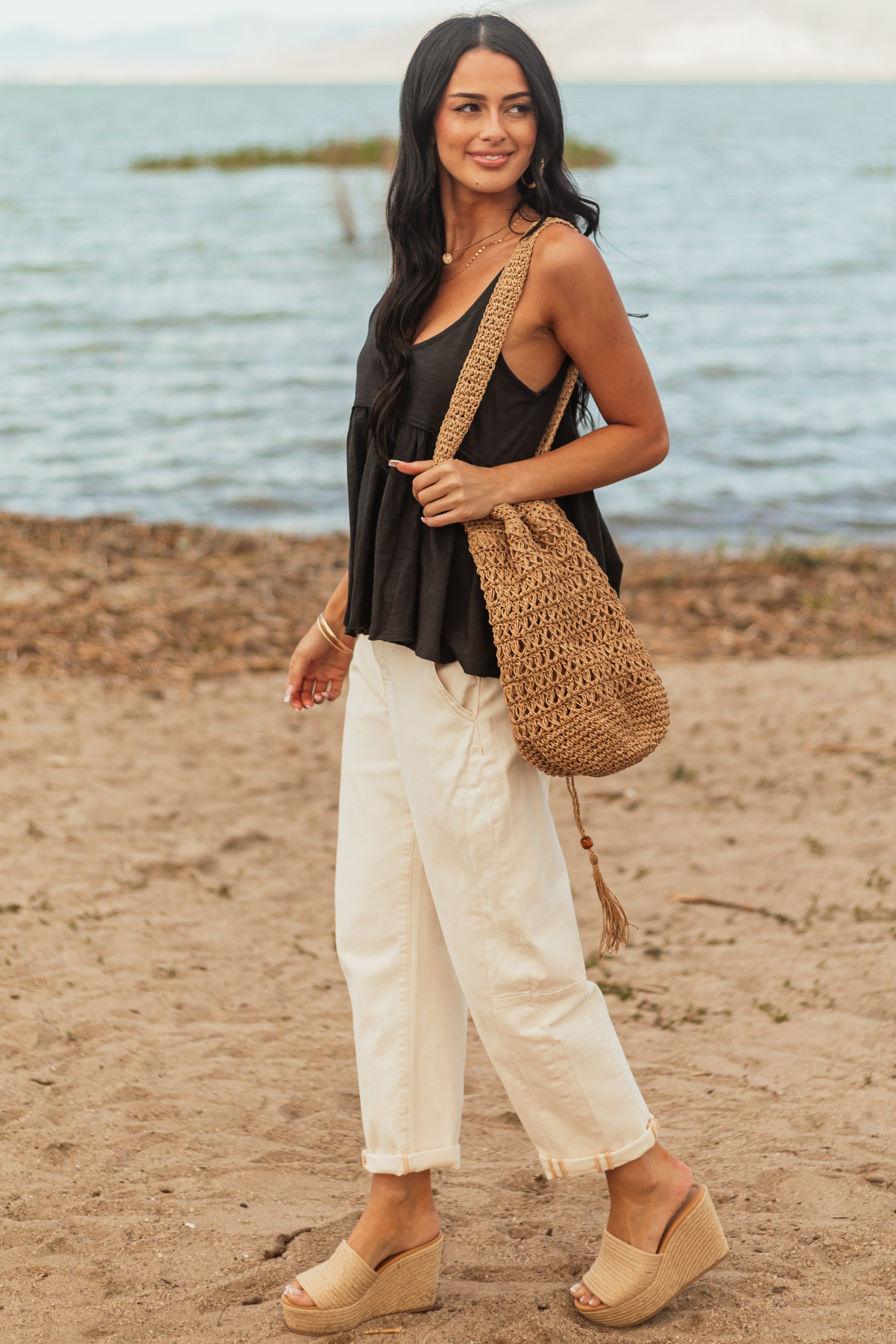 Risen Ivory High Rise Cuffed Stretchy Barrel Jeans