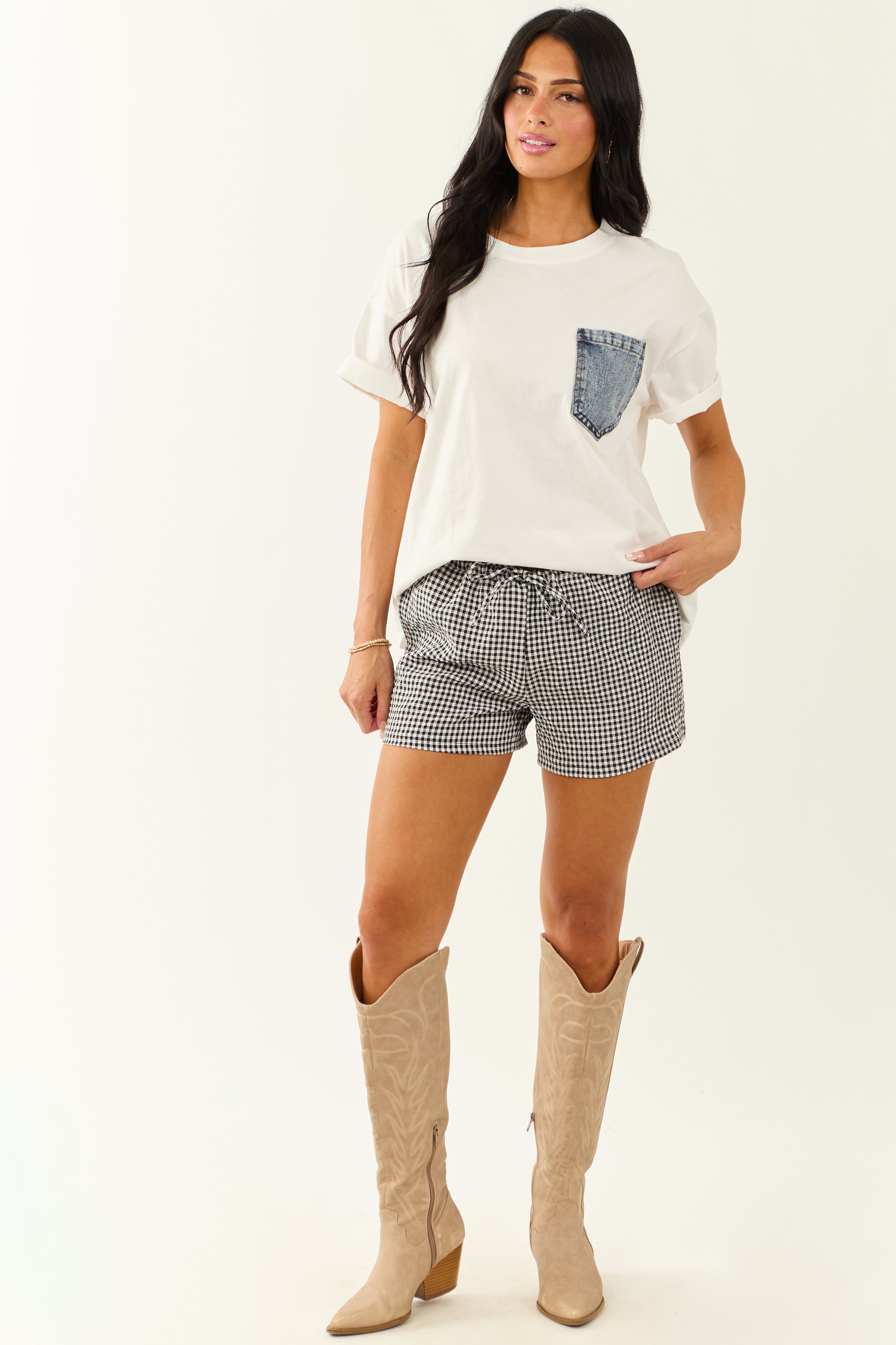 Off White Cotton Tee with Contrast Denim Pocket