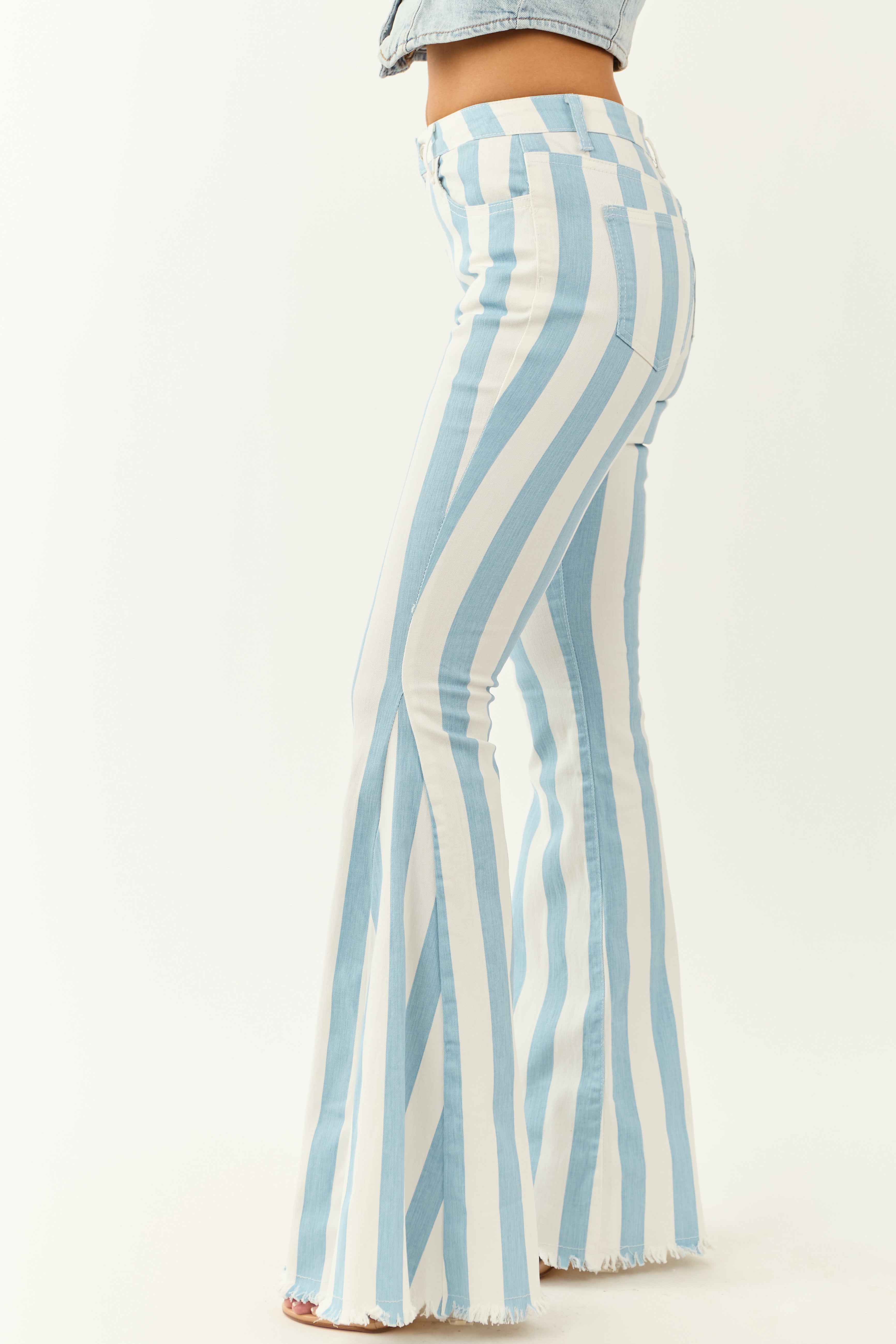 Powder Blue Striped Stretchy High Rise Flare Jeans