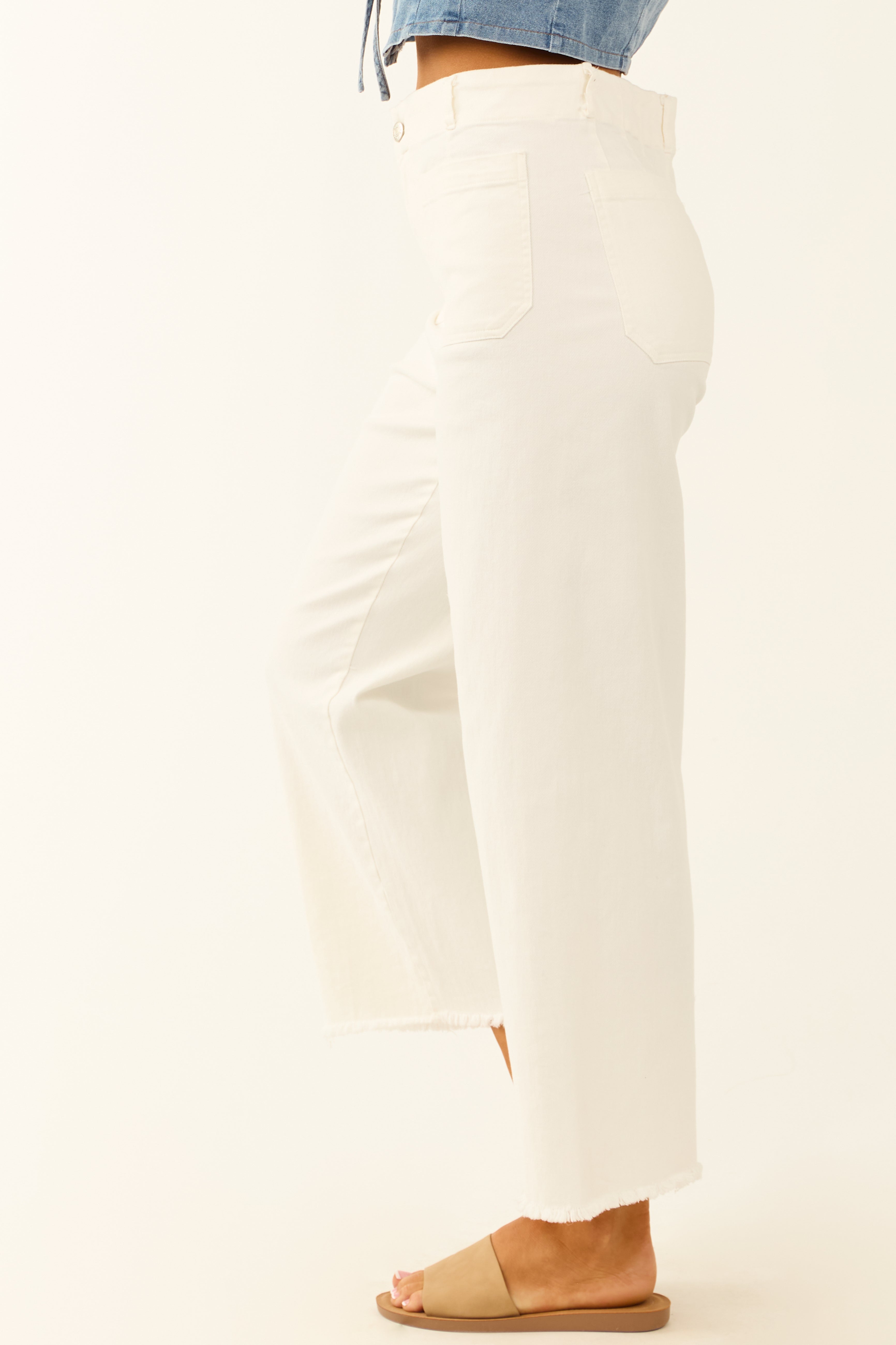 Off White Stretchy Denim Straight Patch Pocket Jeans