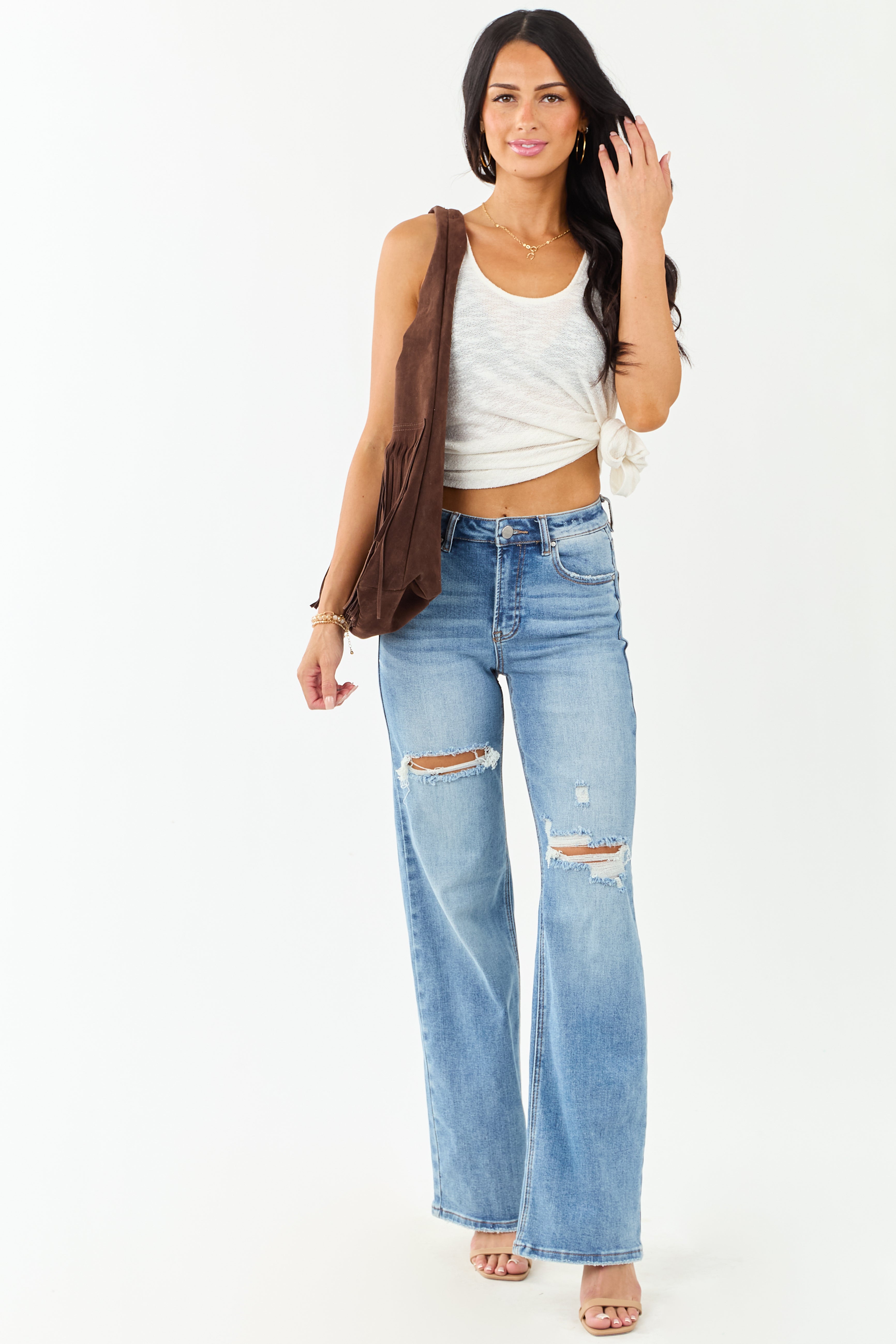 Risen Medium Wash Distressed Stretchy Wide Leg Jeans