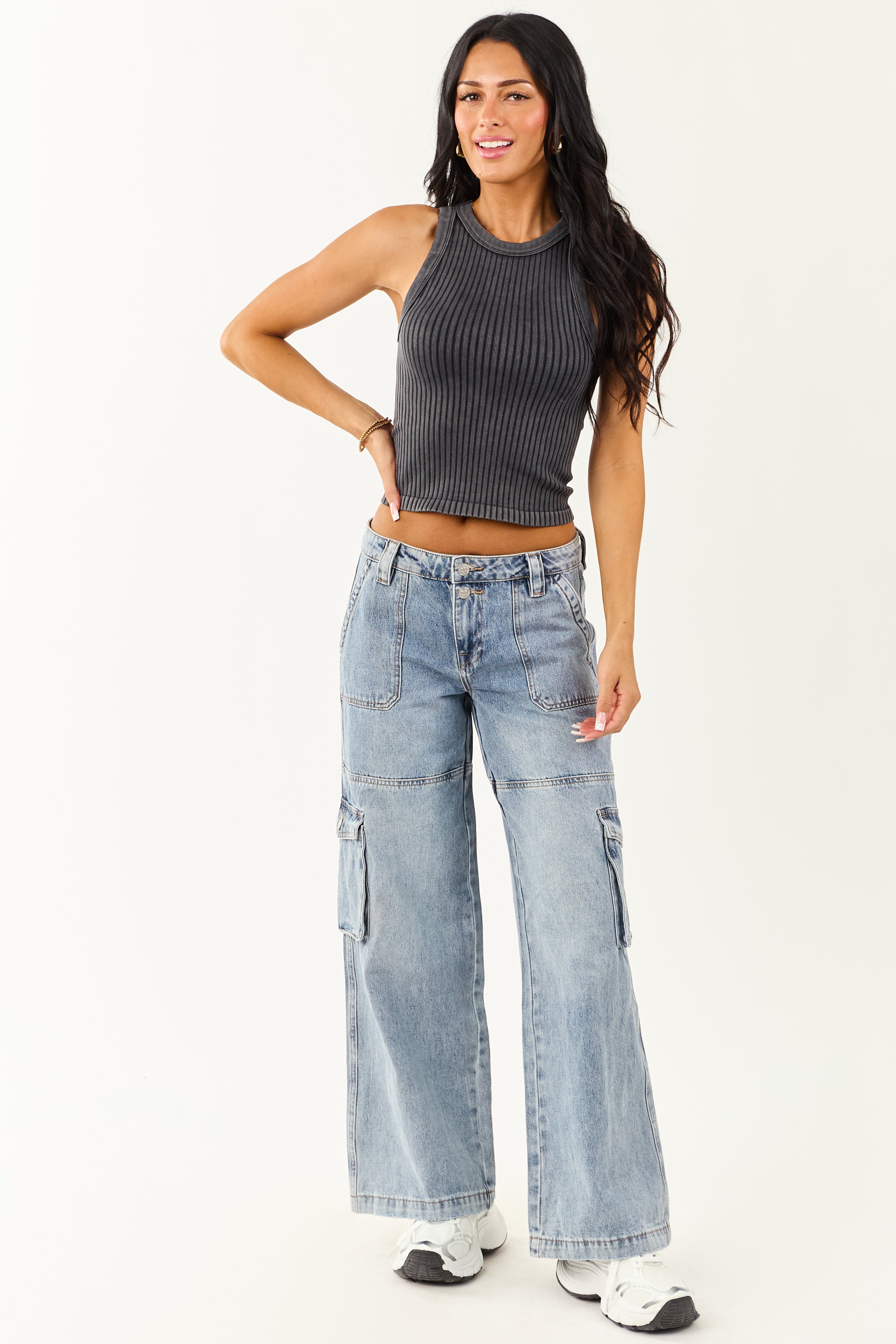 Charcoal Ribbed Stretchy Knit Washed Tank Top