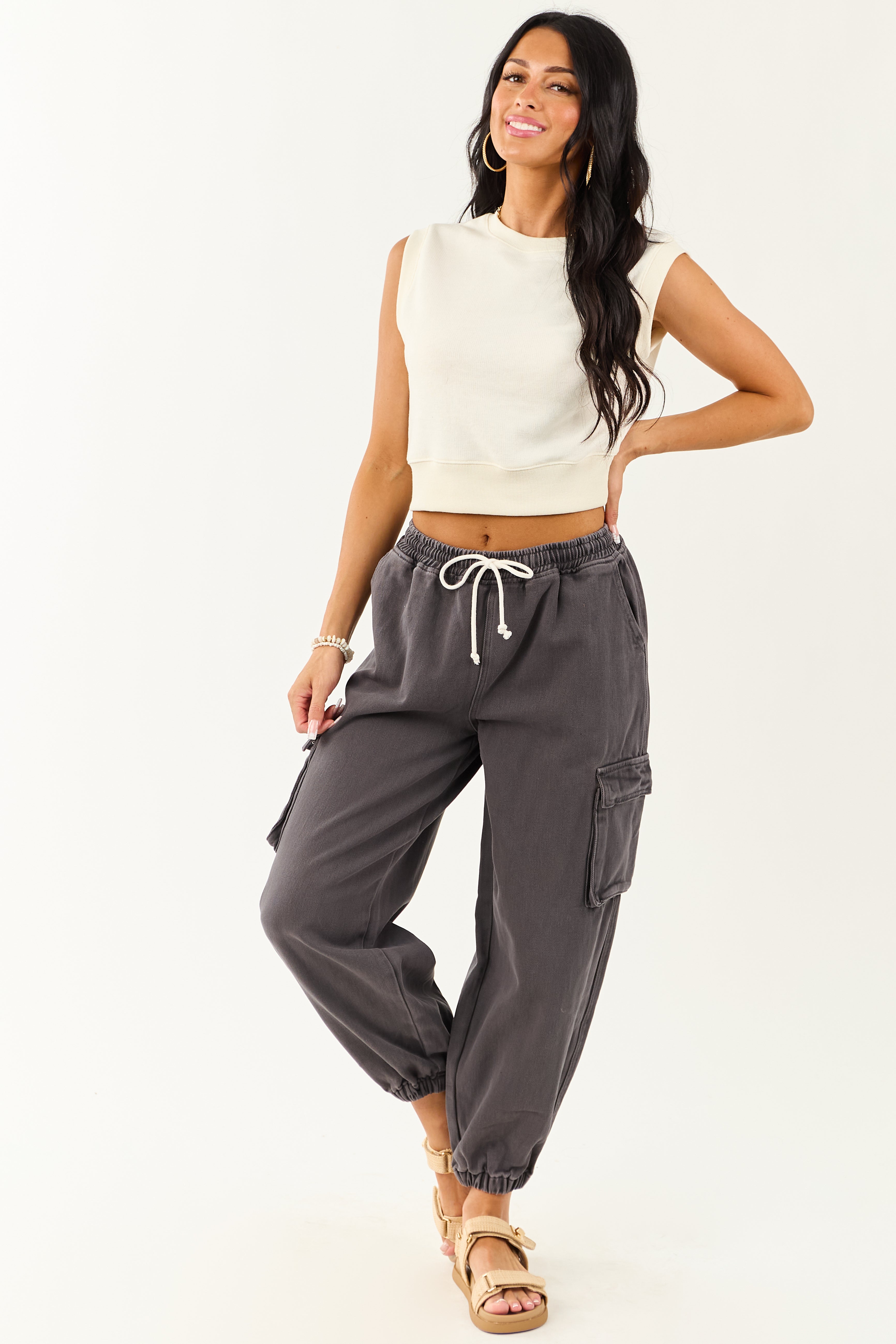 Charcoal Acid Washed Cargo Jogger Jeans