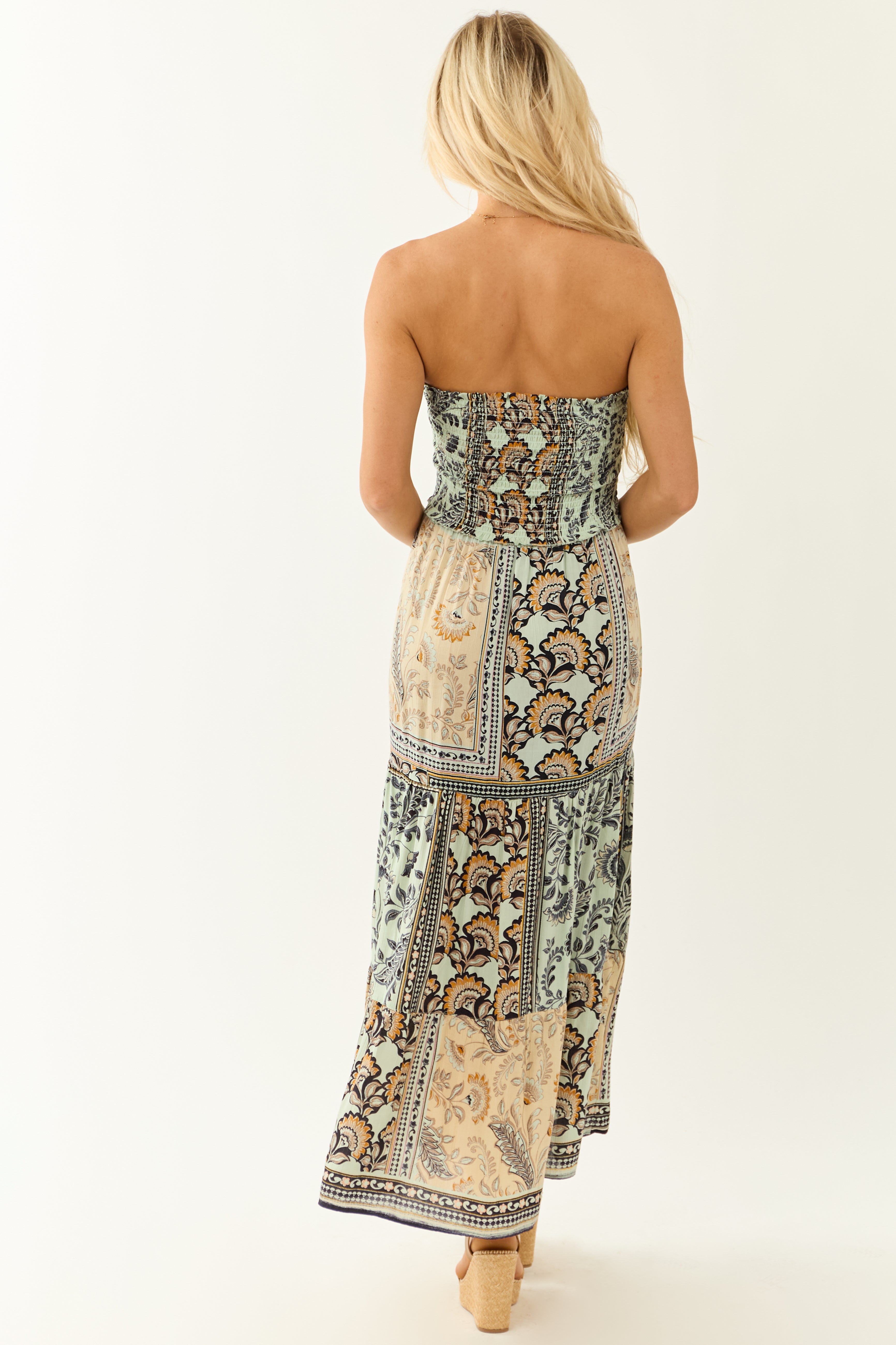 Almond Abstract Print Strapless Smocked Maxi Dress