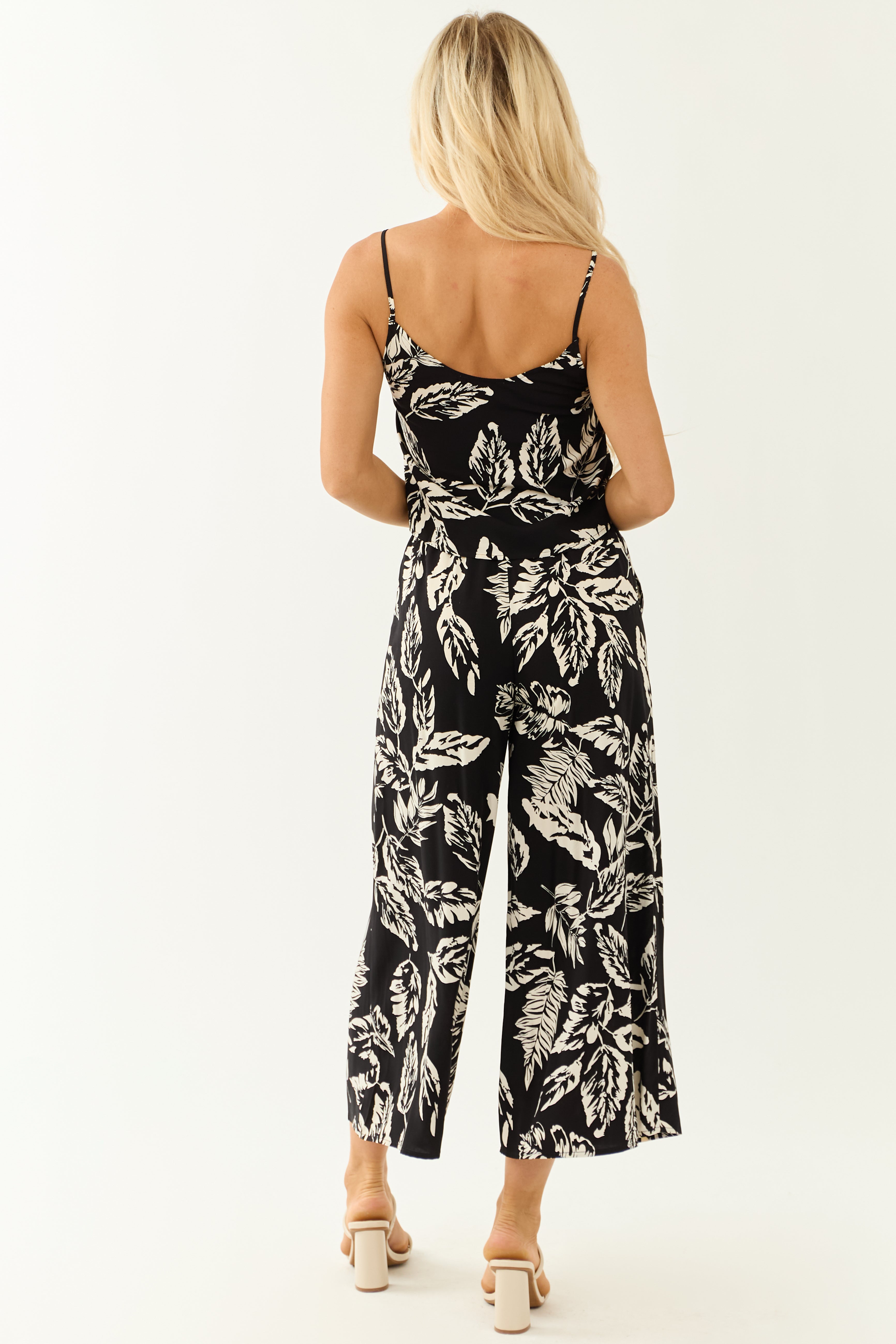 Black Leaf Print Cami Top and Wide Leg Pant Set