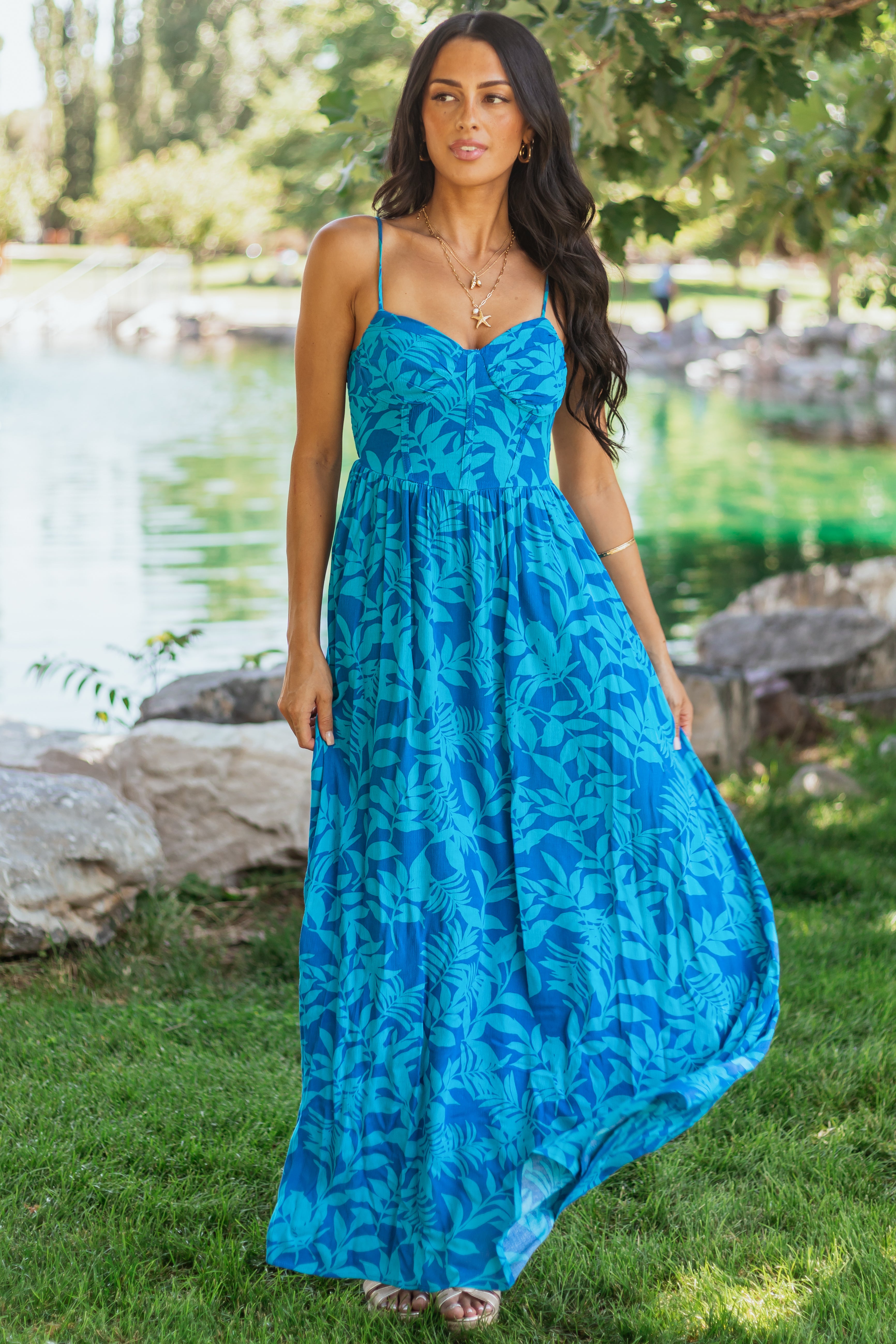 Cobalt Tropical Print Sleeveless Maxi Dress