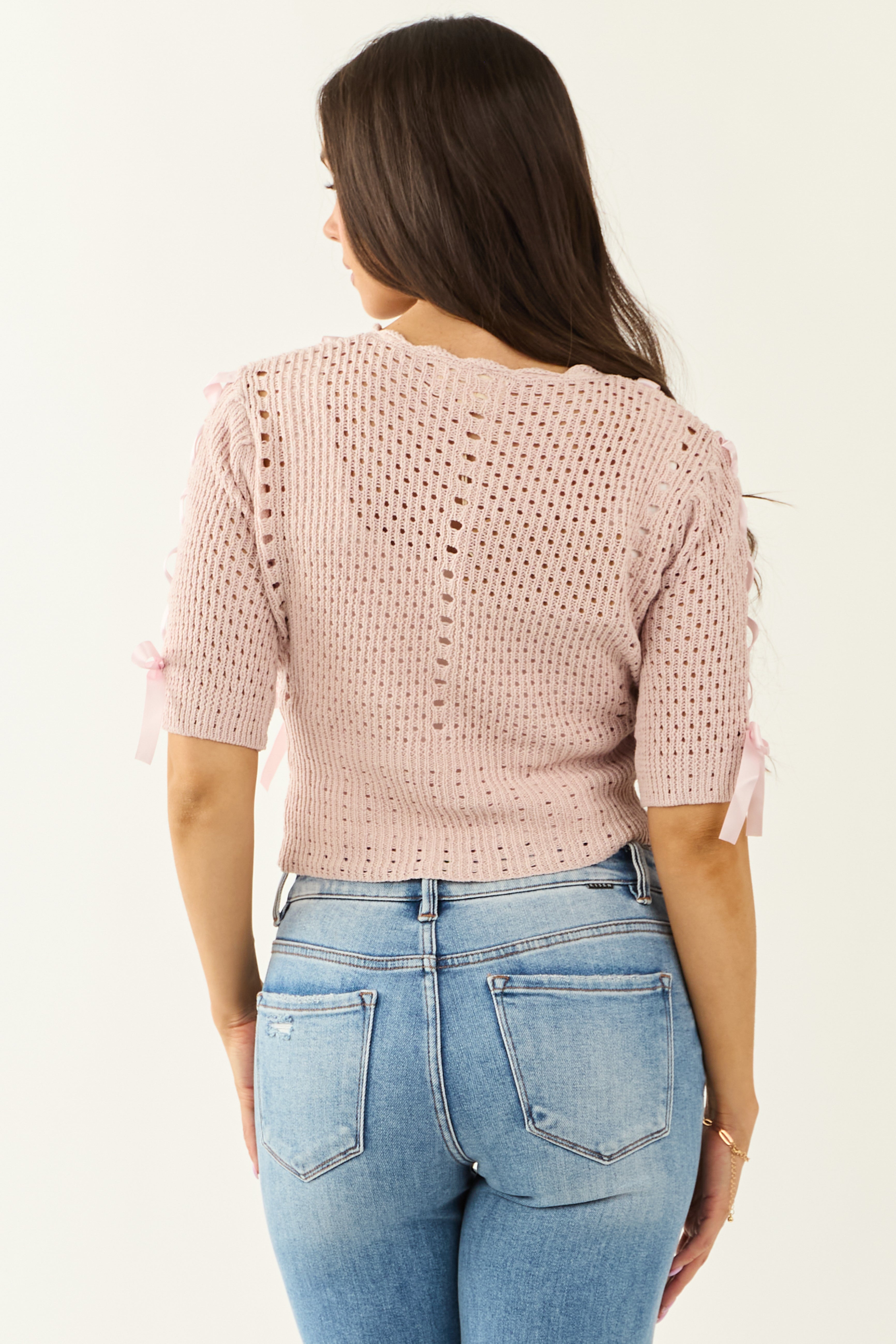 Listicle Mauve Button Down Bow Cotton Cardigan