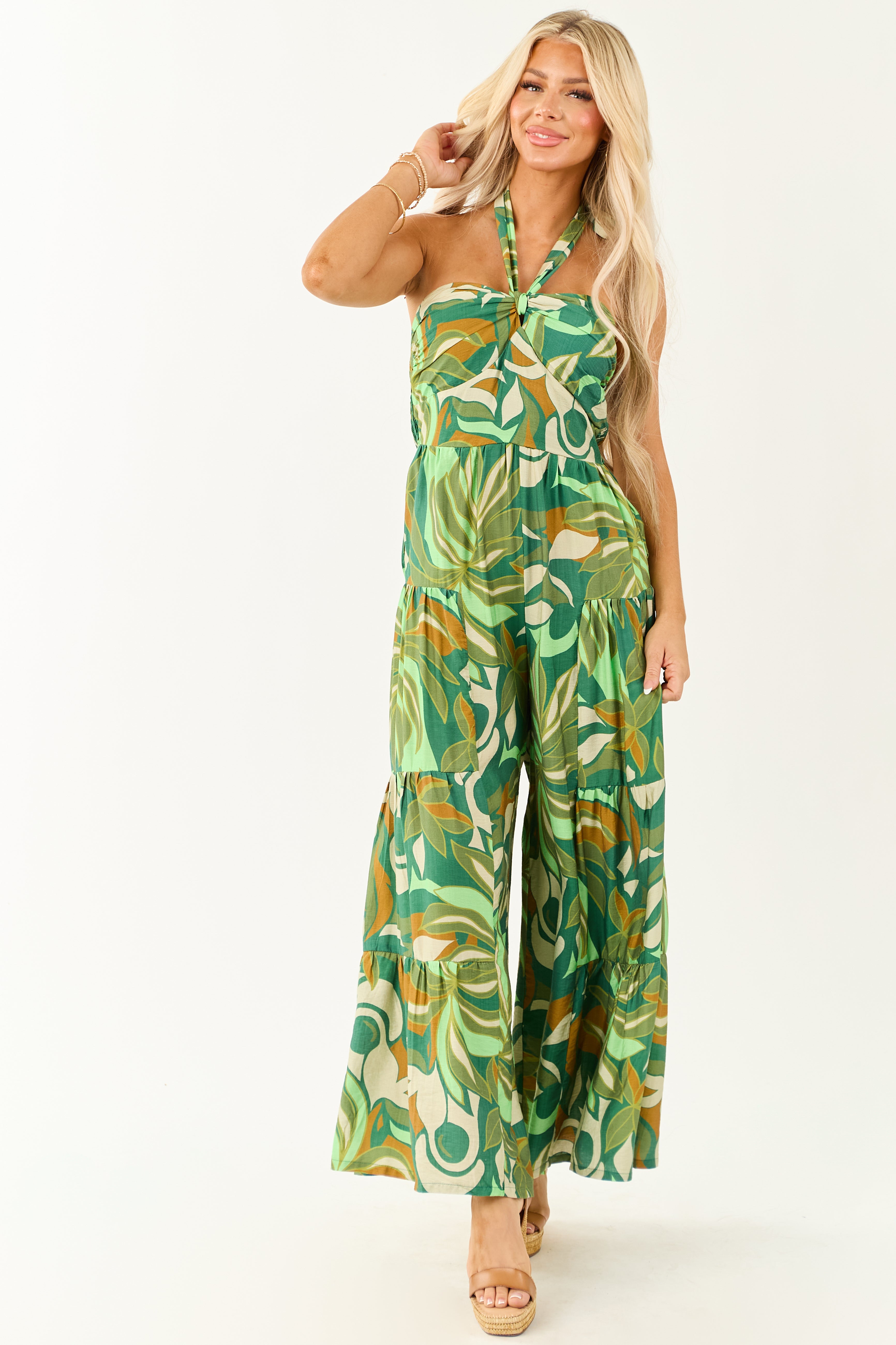 Kiwi Tropical Print Halter Front Tie Jumpsuit