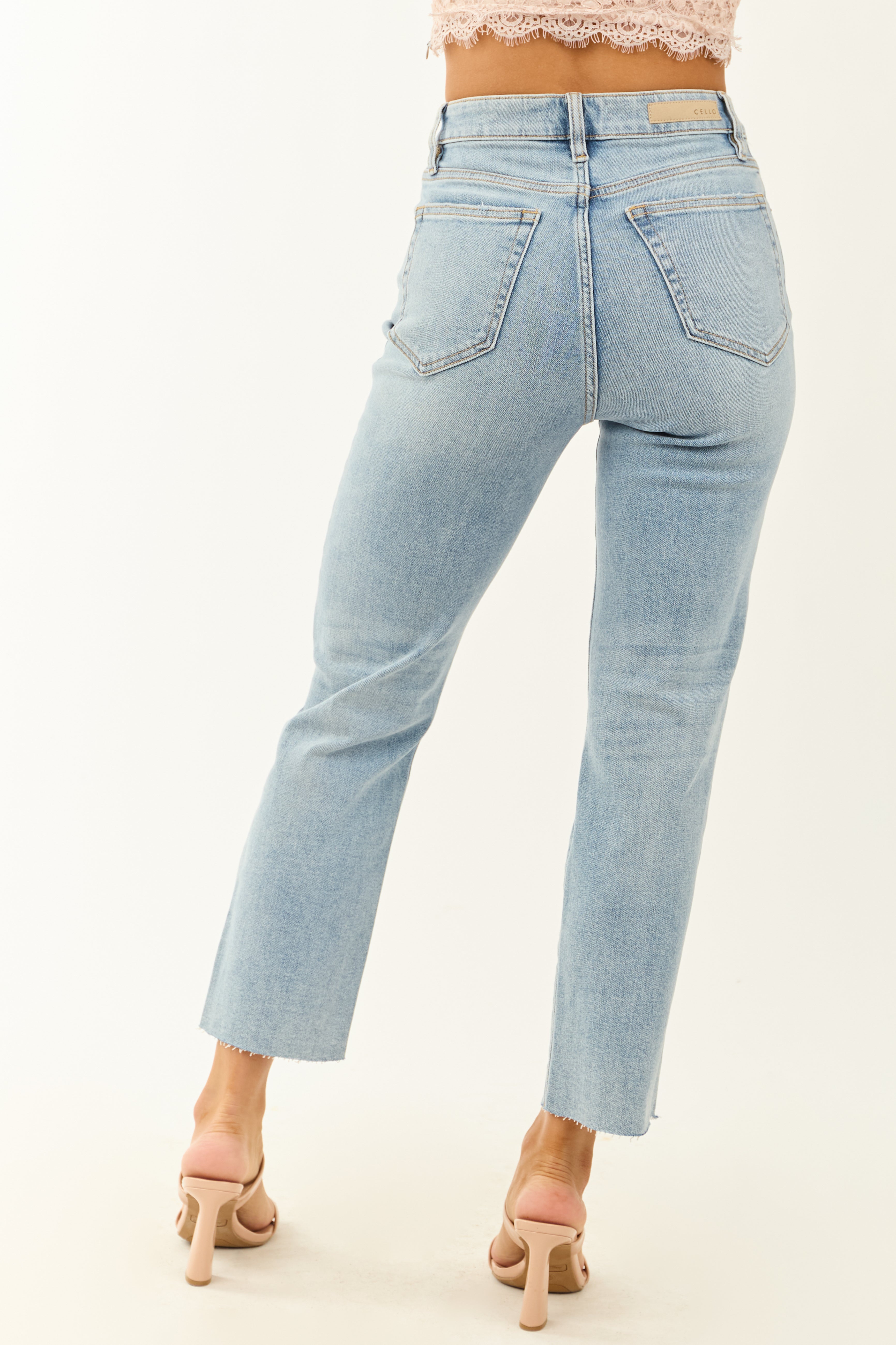 Cello Light Wash Stretchy Distressed Straight Jeans
