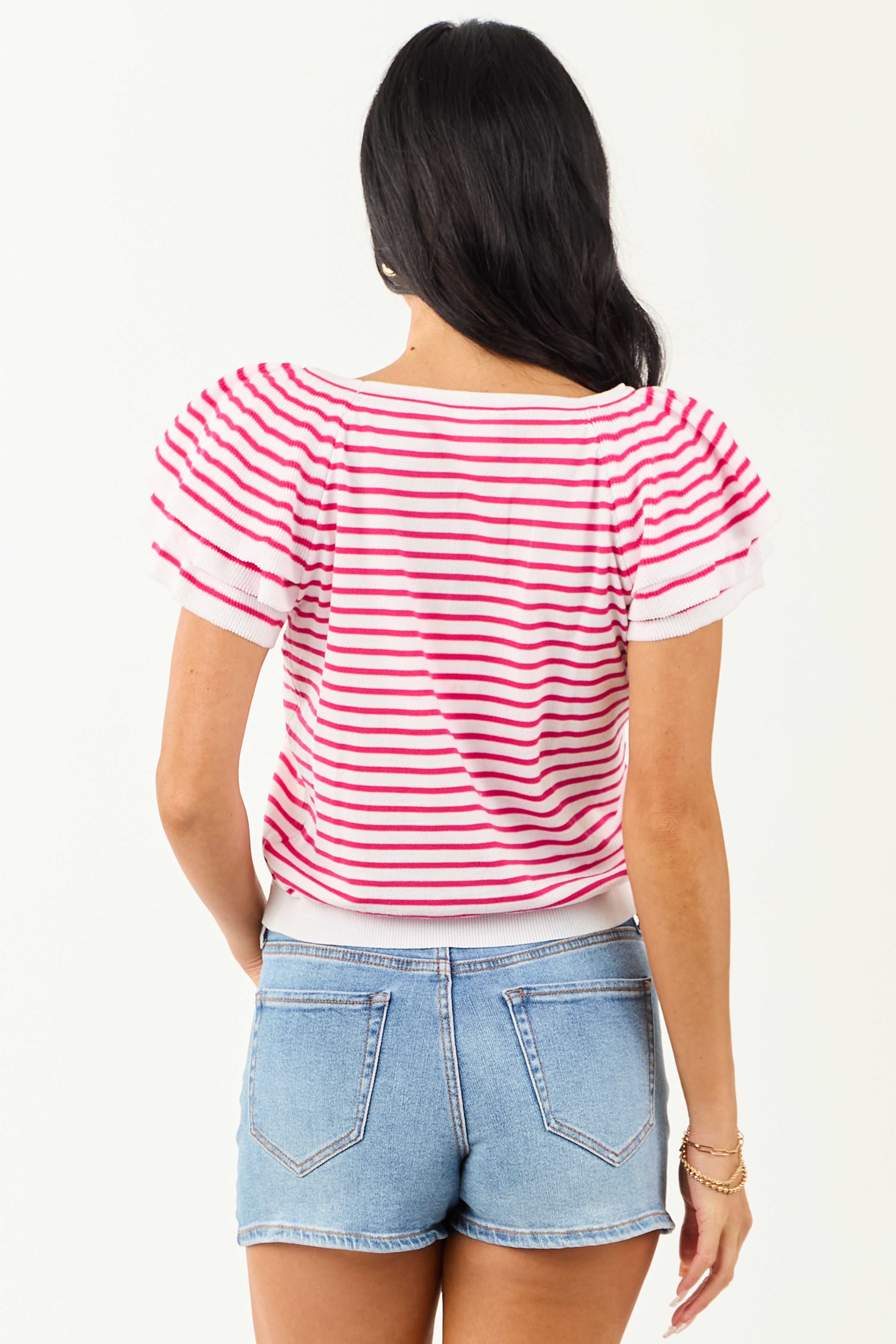 Off White and Raspberry Striped Short Sleeve Top