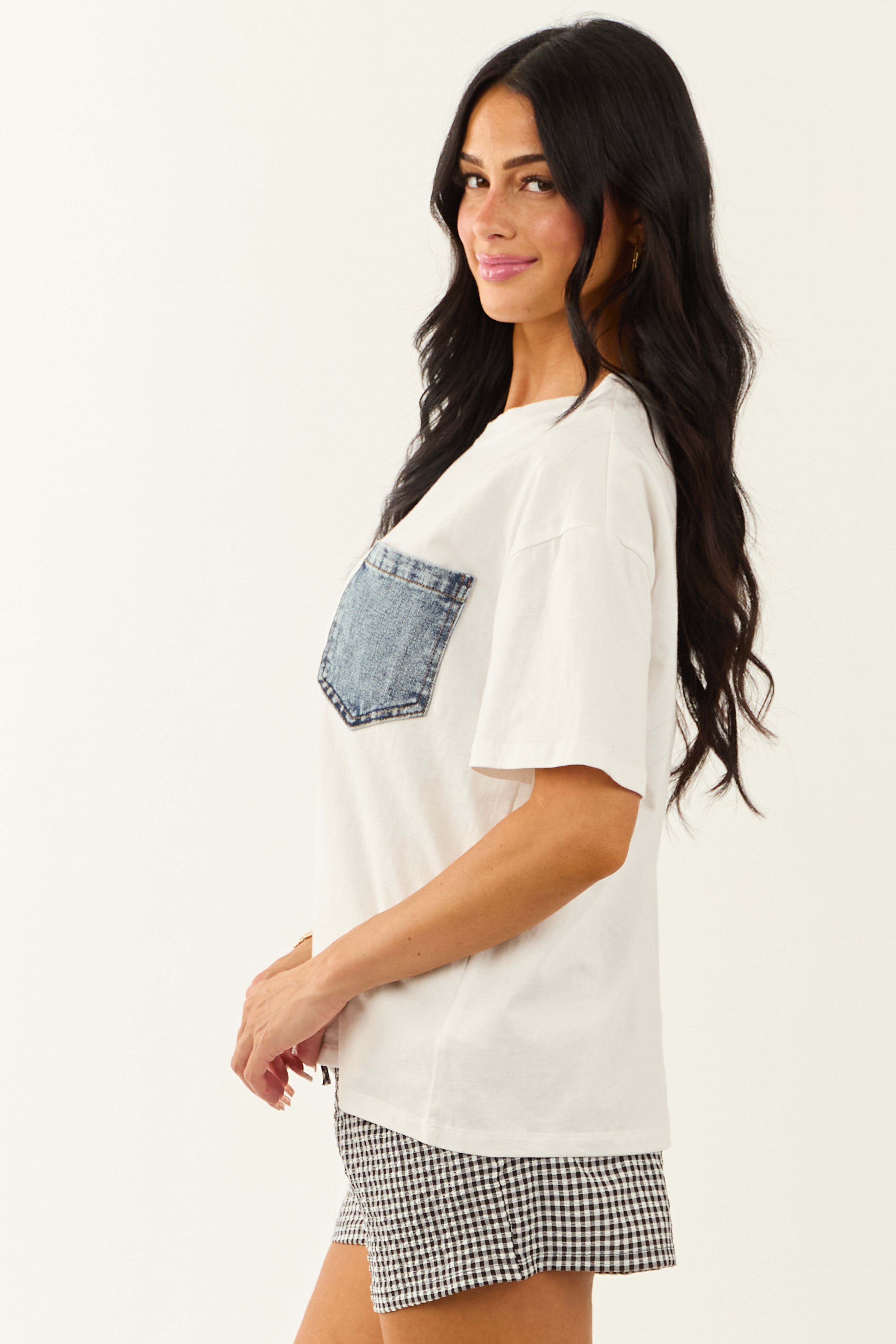 Off White Cotton Tee with Contrast Denim Pocket