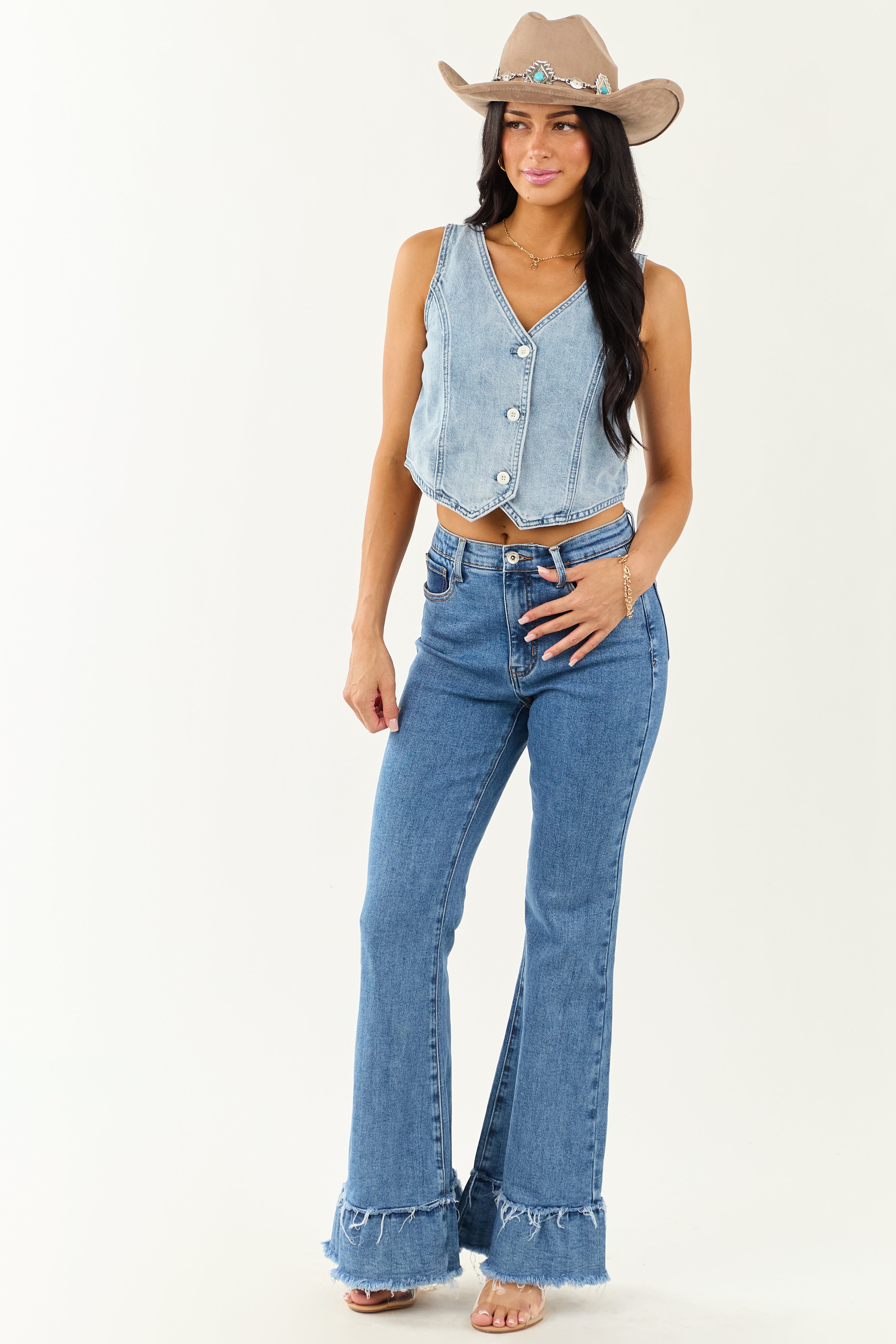 Special A Tummy Control Ruffle Flare Stretchy Jeans