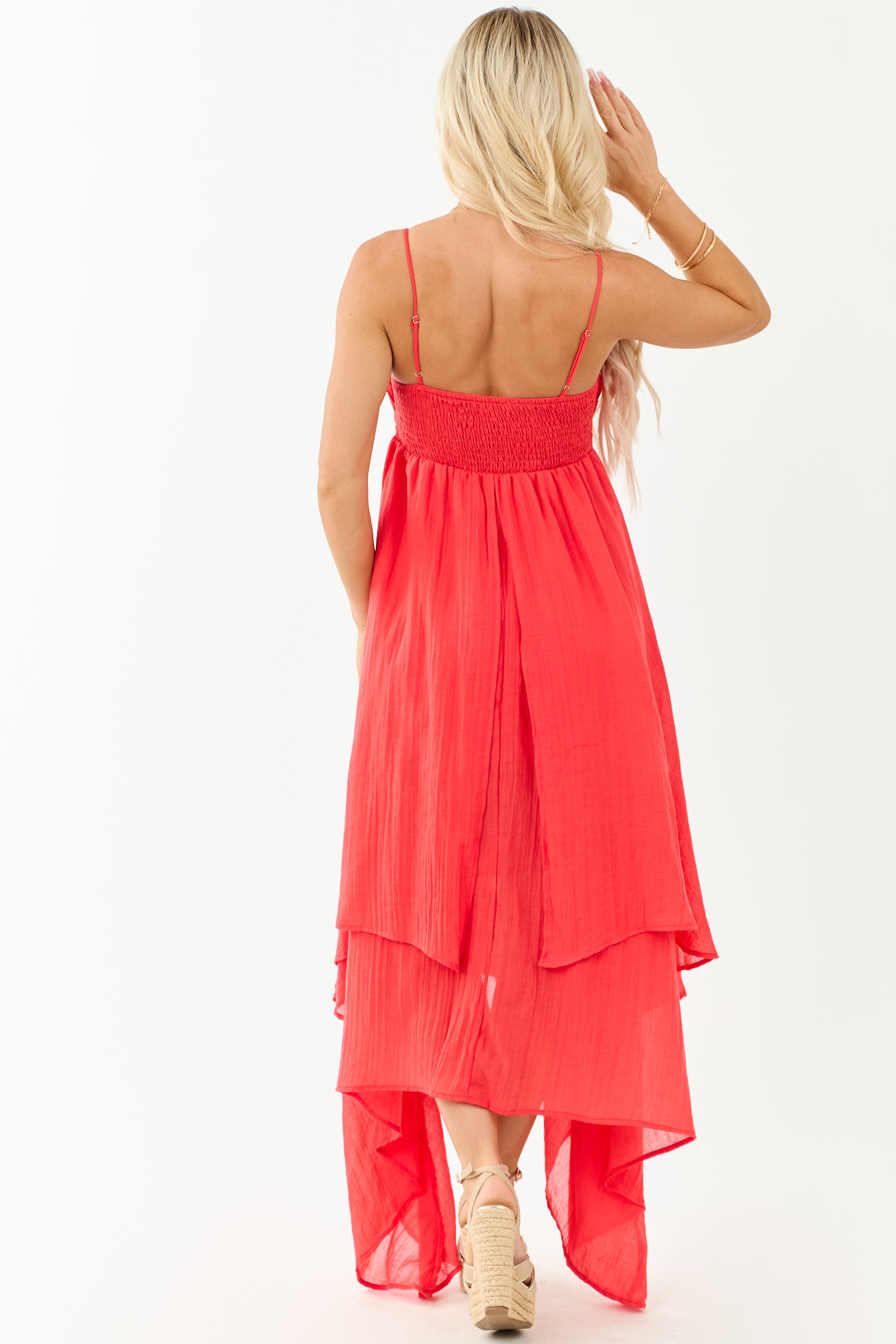Poppy Red Layered Handkerchief Hem Maxi Dress
