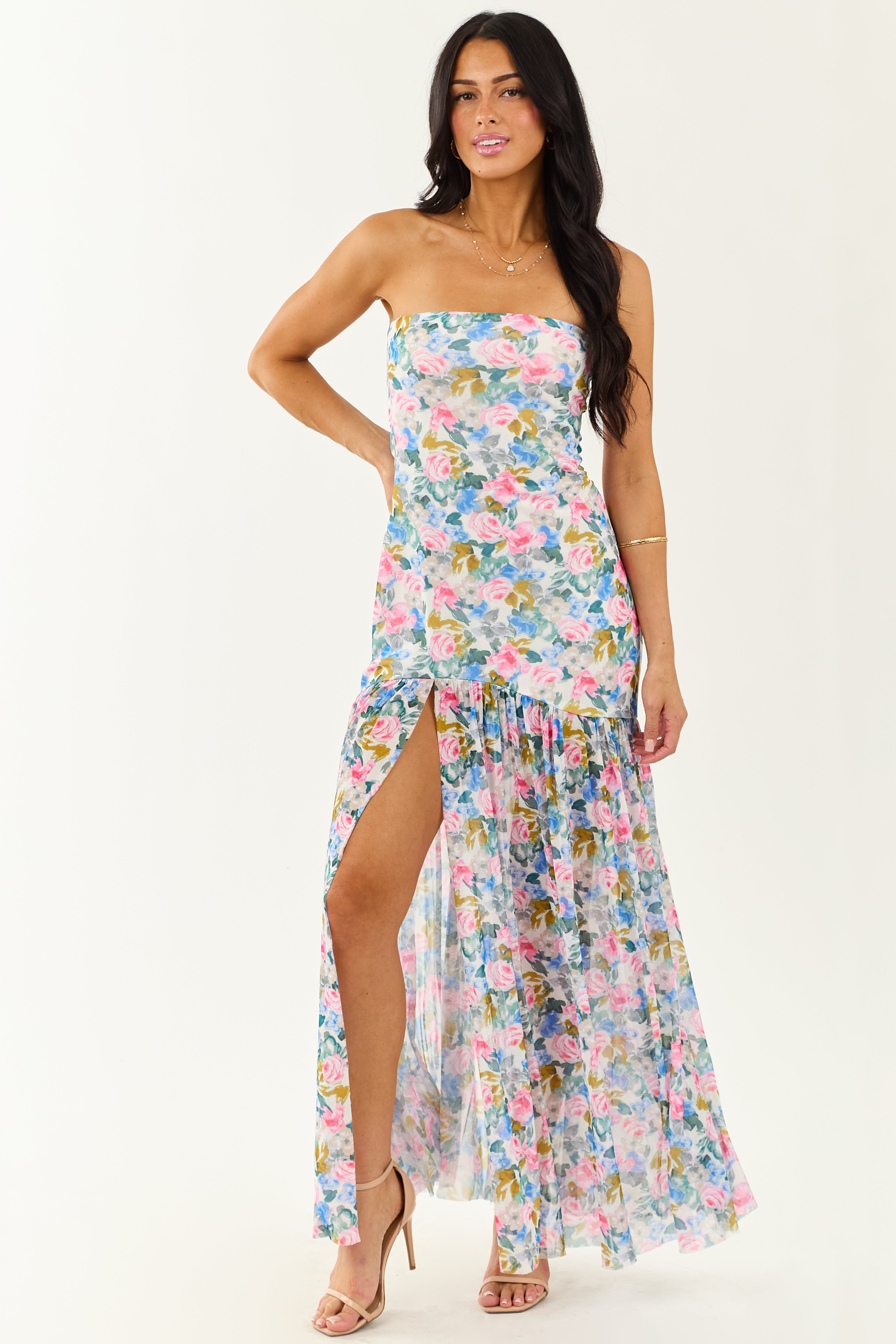 Ivory Floral Print Front Slit Mesh Maxi Dress