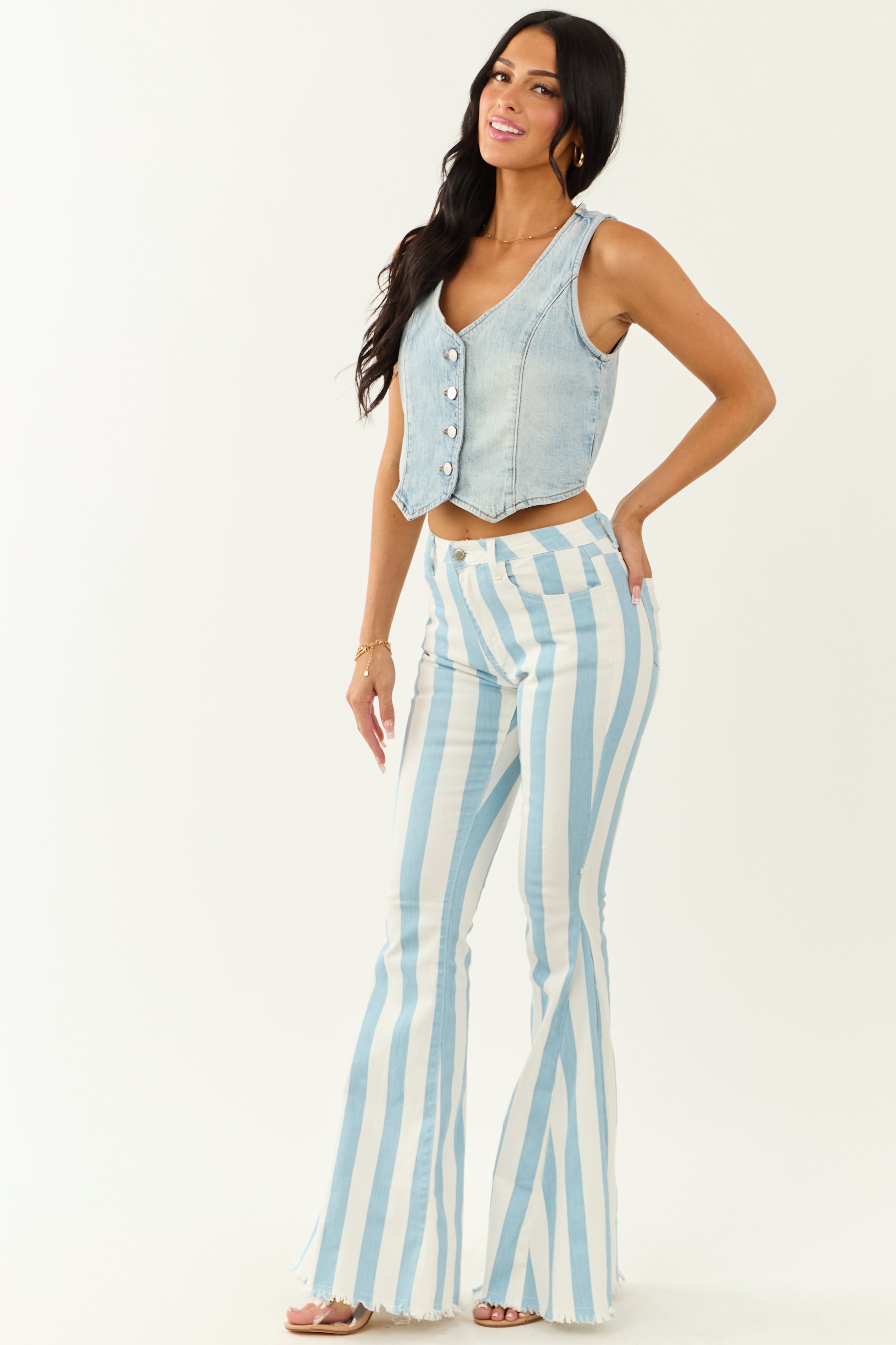 Powder Blue Striped Stretchy High Rise Flare Jeans