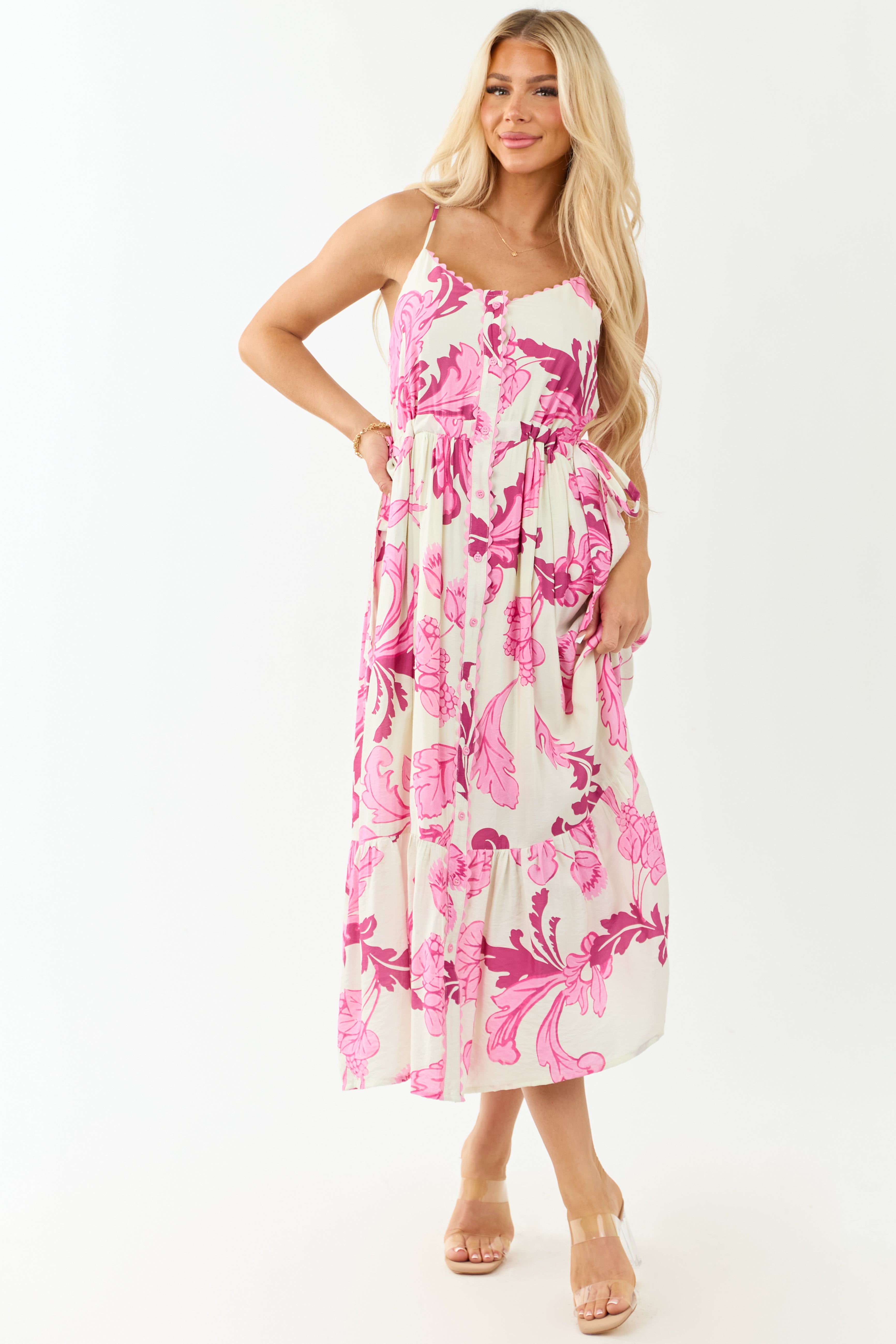 Entro Cream Floral Buttoned Sleeveless Maxi Dress