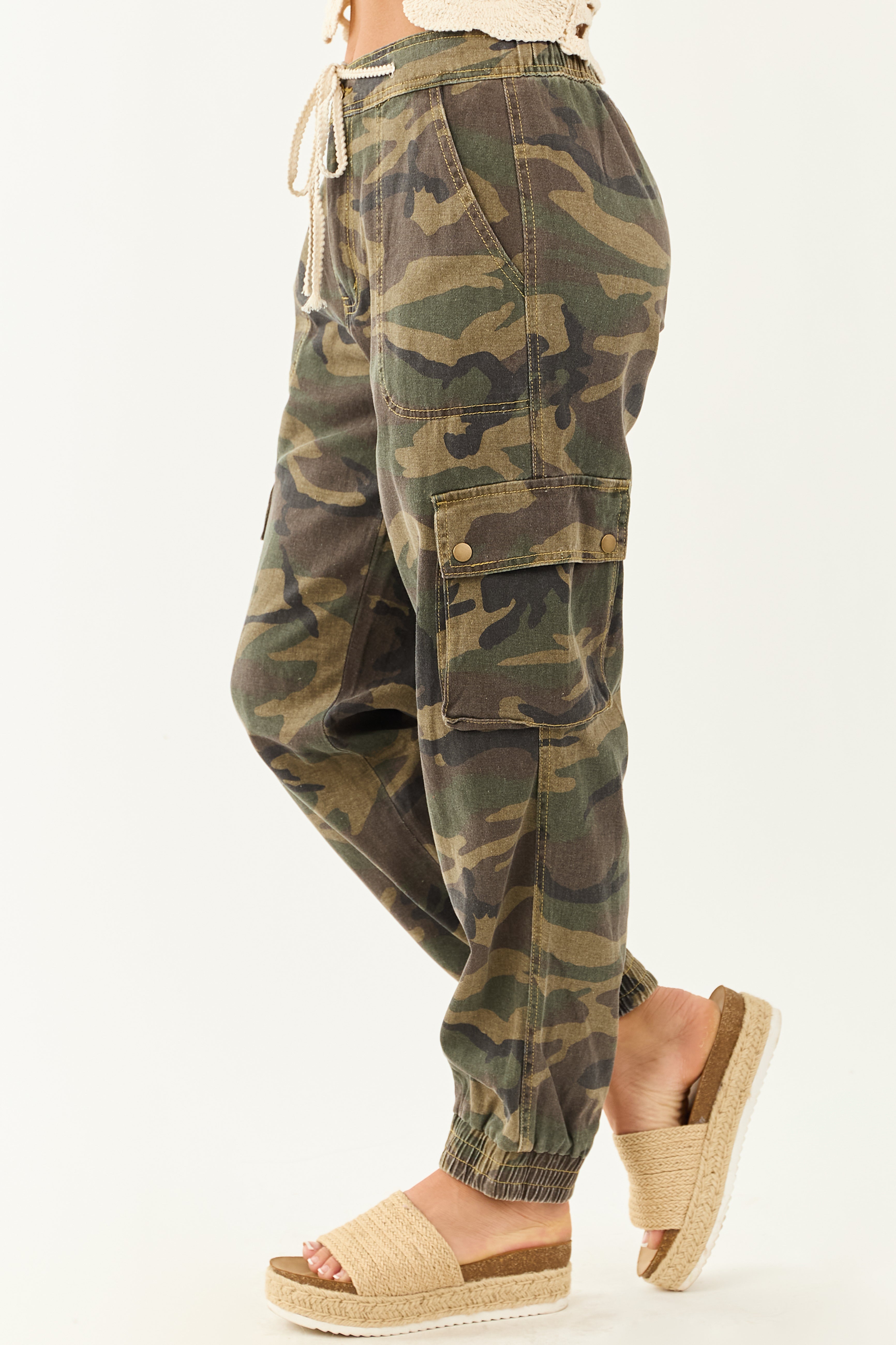 POL Army Green Camouflage Print Denim Cargo Joggers