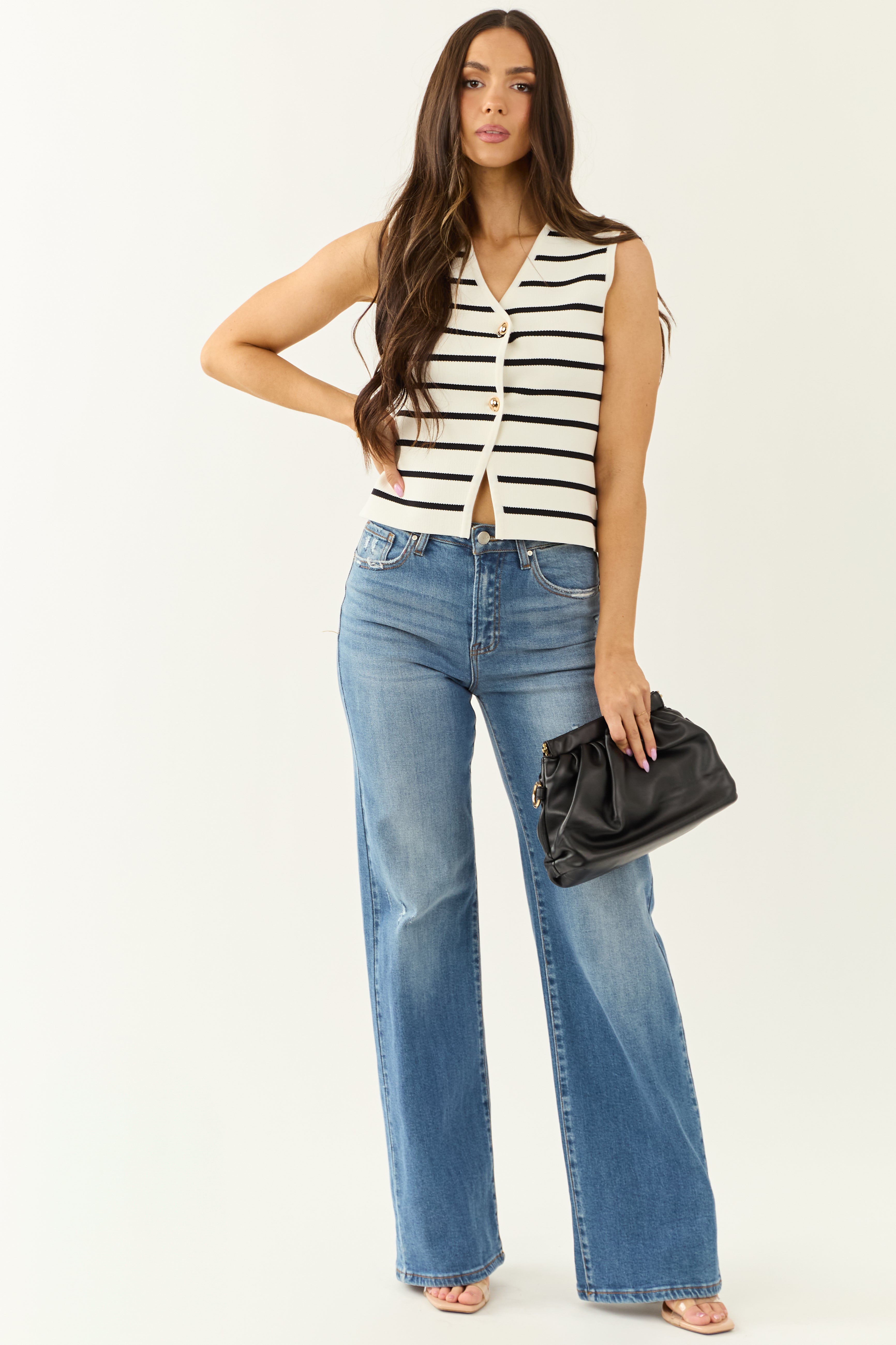 Ivory Striped Button Down Sweater Vest