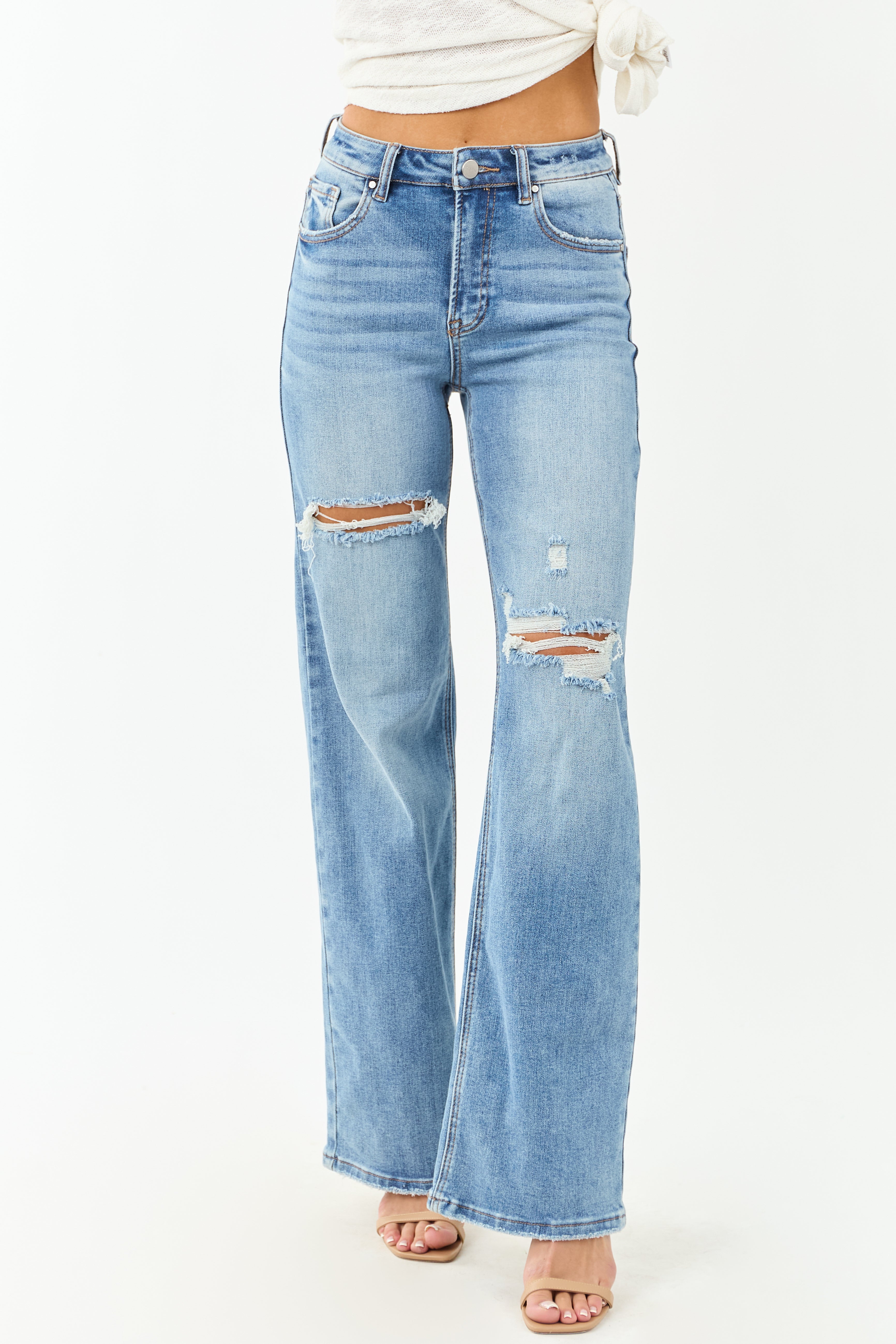 Risen Medium Wash Distressed Stretchy Wide Leg Jeans