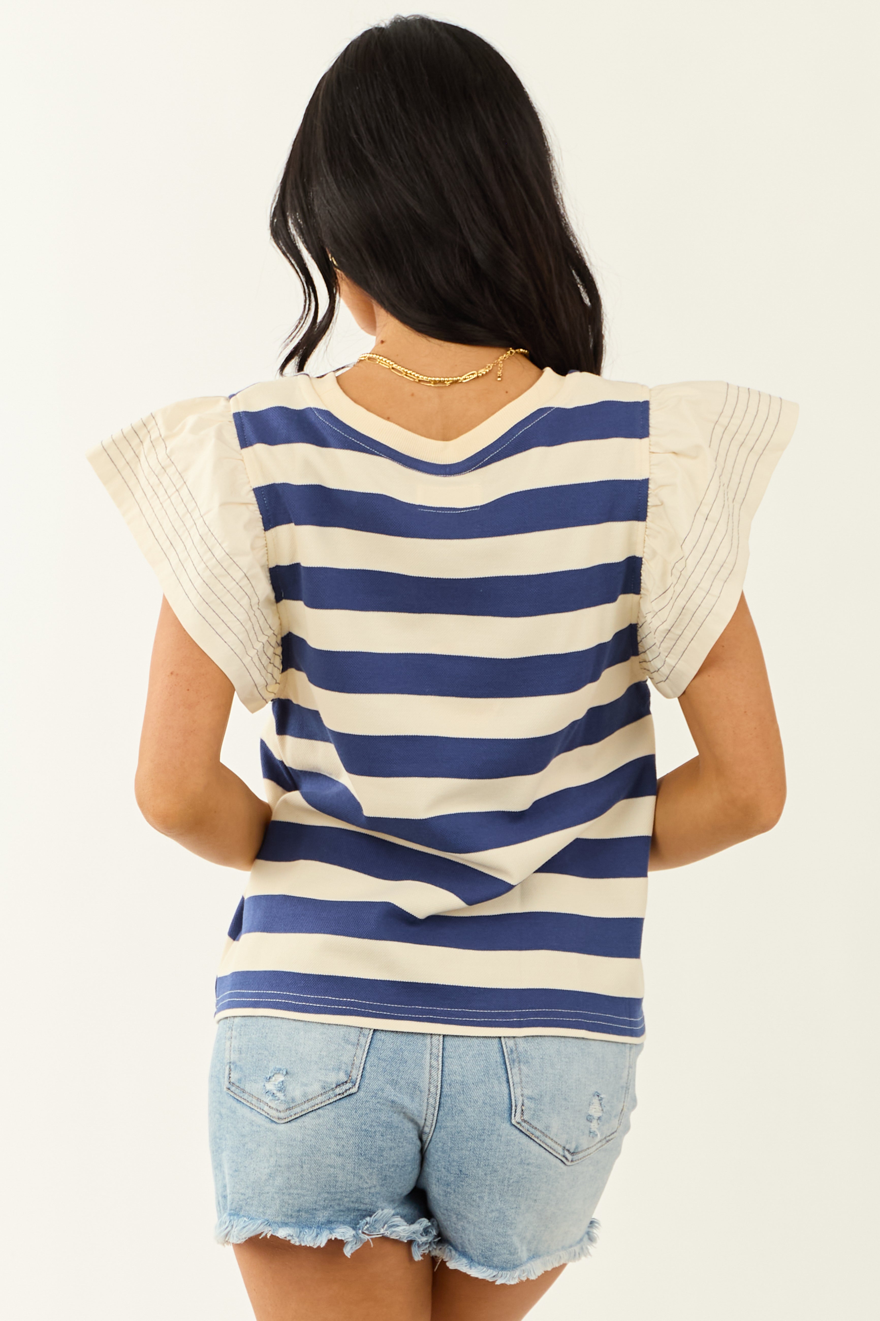 Navy and Cream Striped Ruffle Sleeve Top