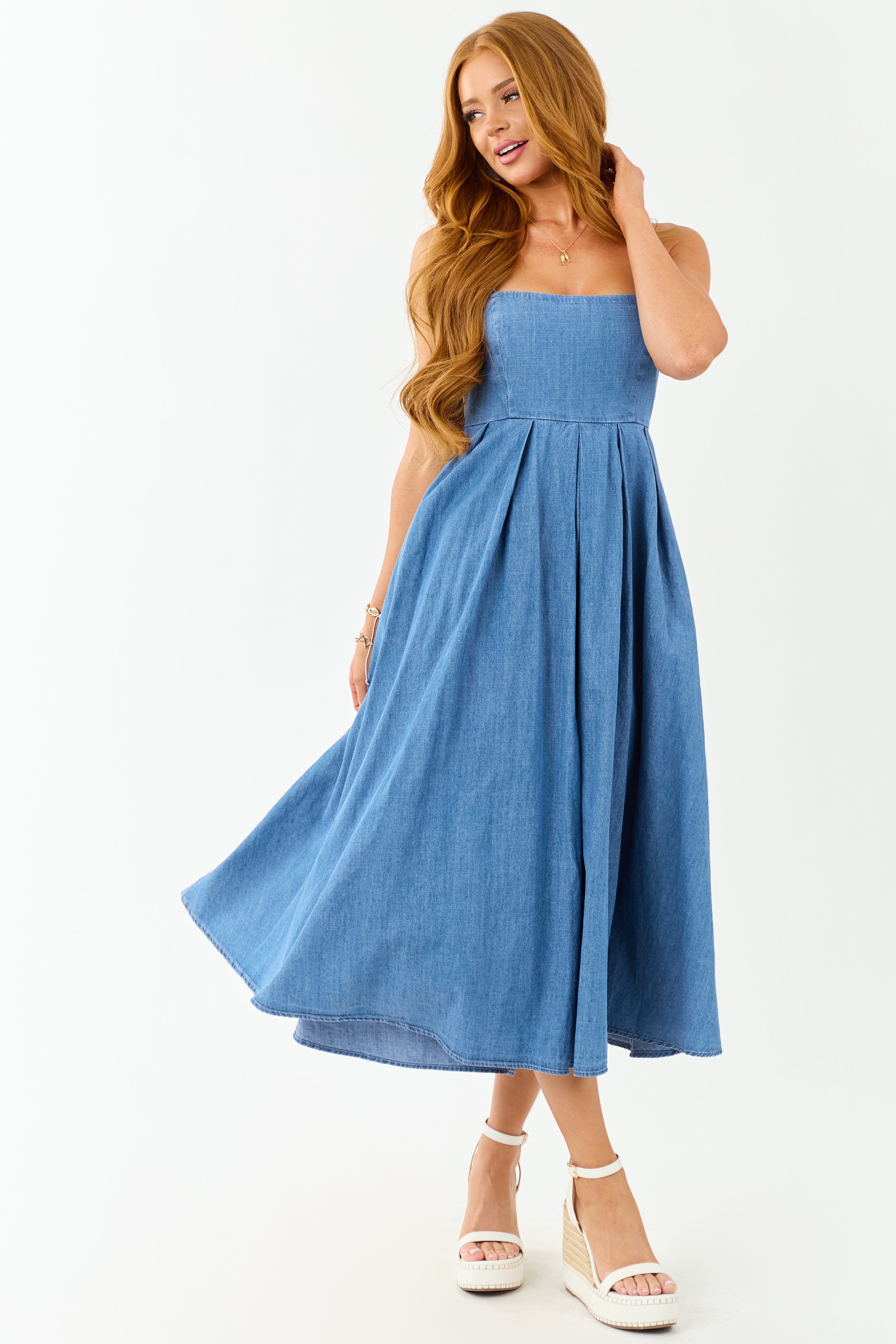 Medium Wash Chambray Denim Open Back Midi Dress