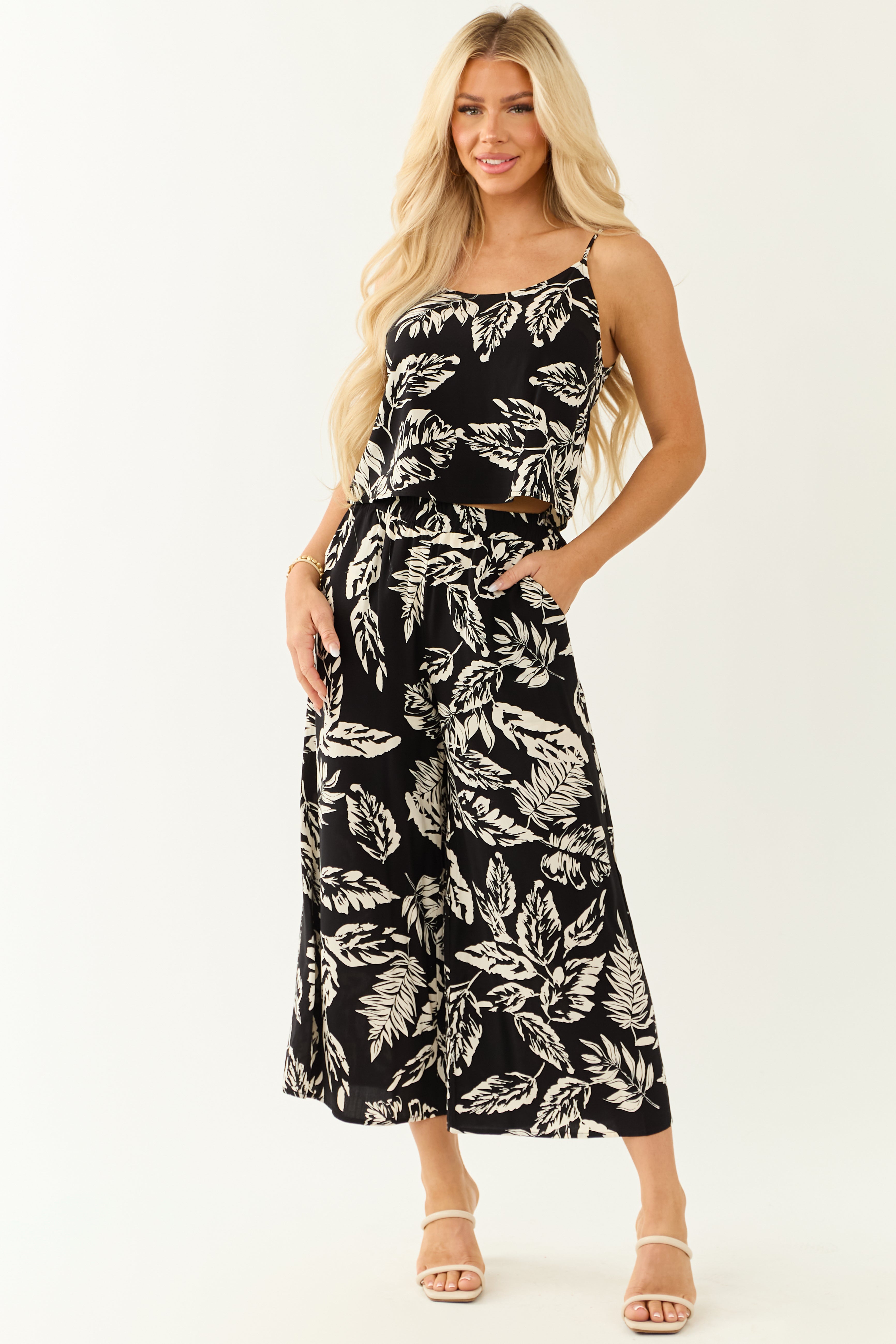 Black Leaf Print Cami Top and Wide Leg Pant Set